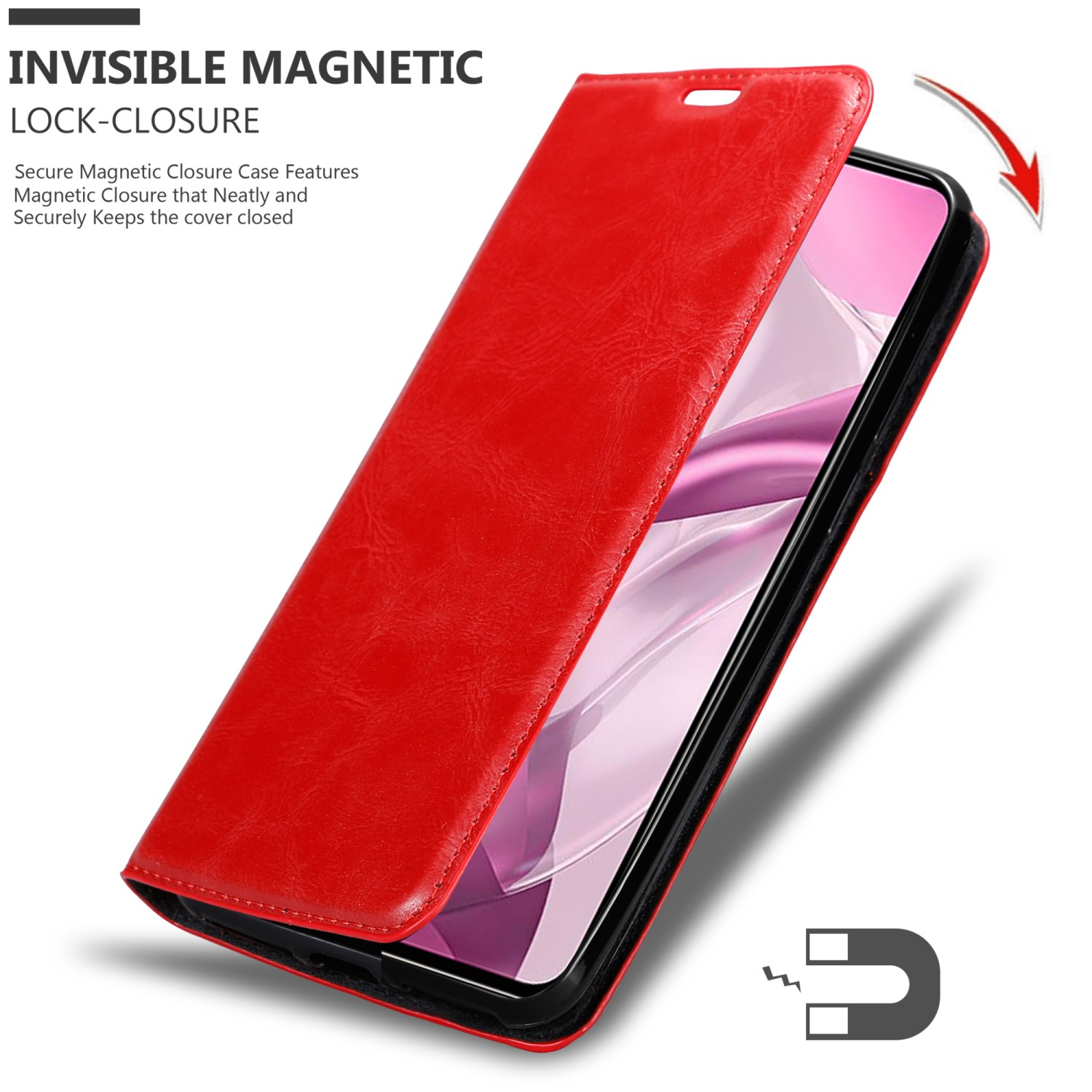 Rote Handyhülle, offen. Schwarzes Telefon im Inneren, mit Magnetverschluss-Symbol.