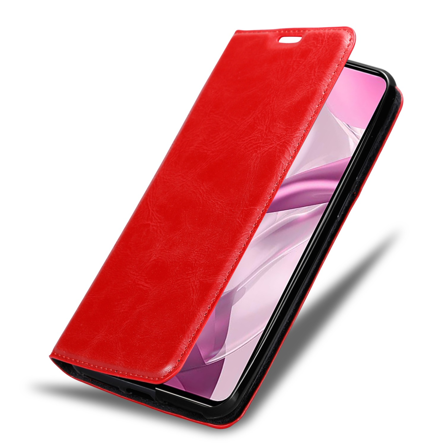 Eine rote Handyhülle wird geöffnet und zeigt einen Telefonbildschirm. Das Telefon ist schwarz mit einem sichtbaren Bildschirm.