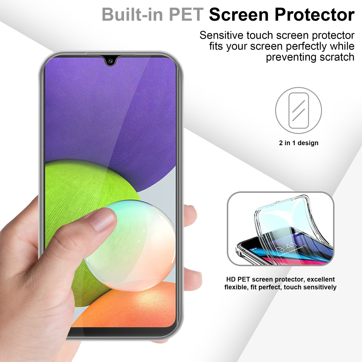 Mano che tiene il telefono con protezione schermo, con testo sulla protezione.
