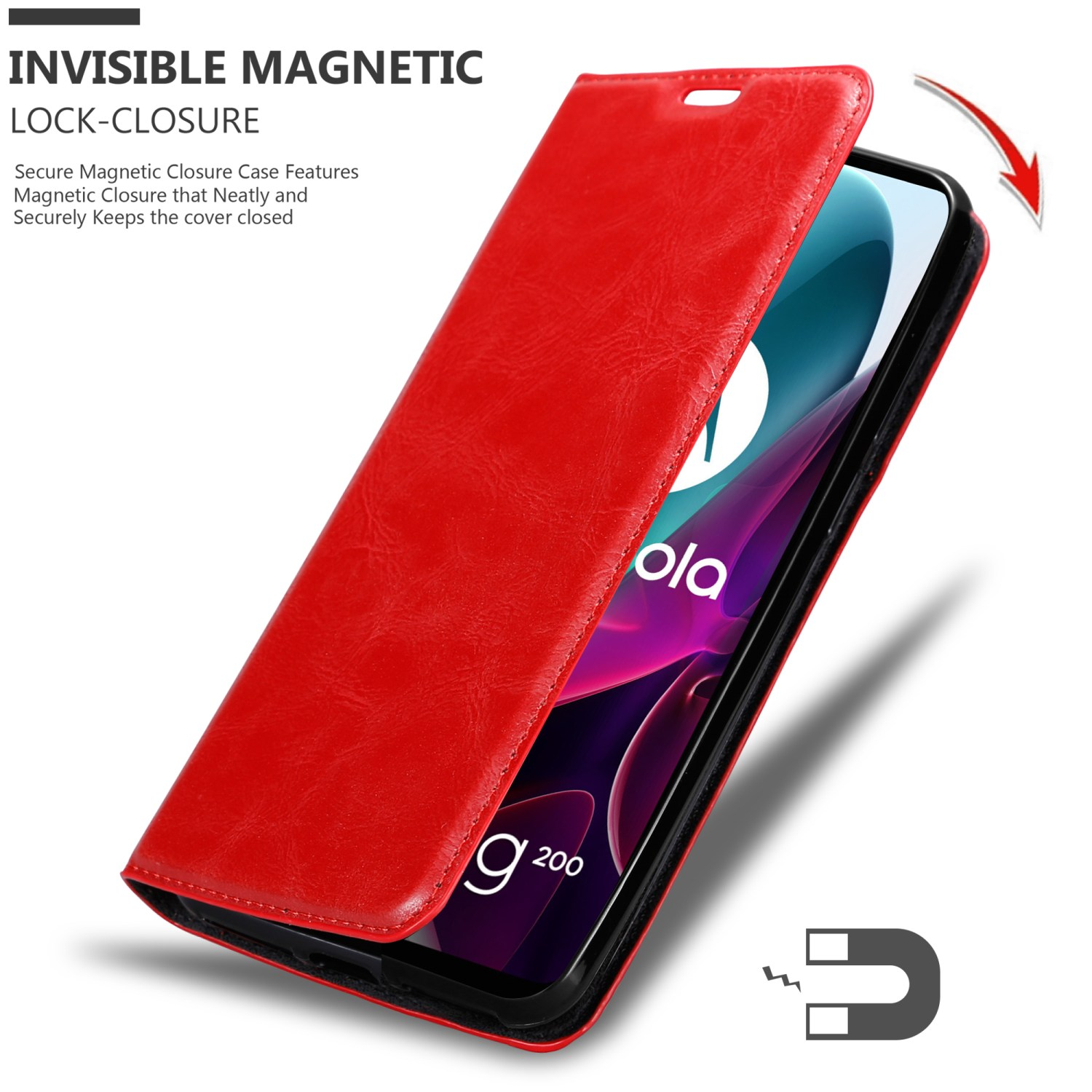 Custodia per telefono rossa. Il telefono è visibile, la custodia è aperta.