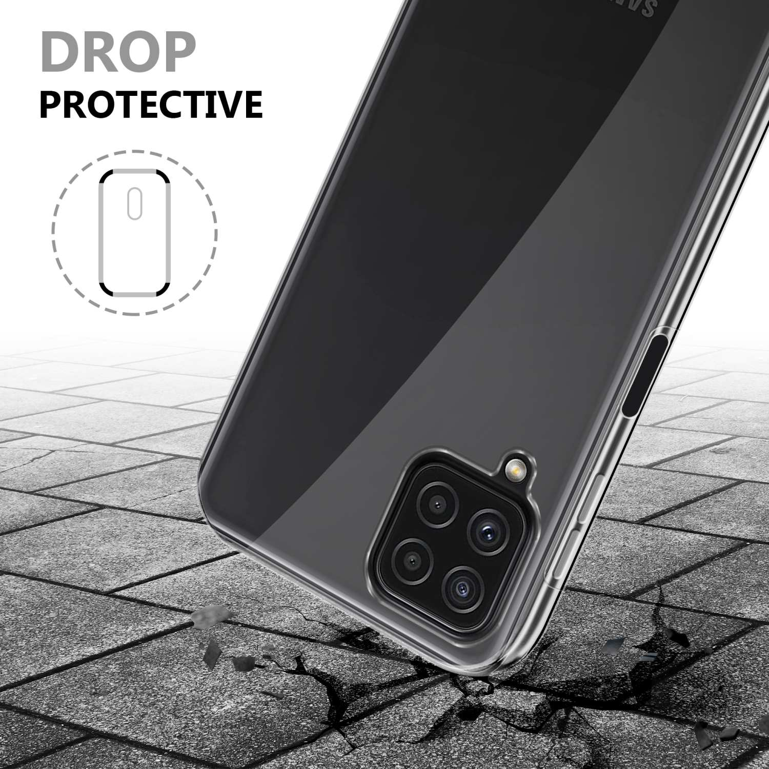 Custodia trasparente per telefono su superficie incrinata, con testo 'Drop Protective'.