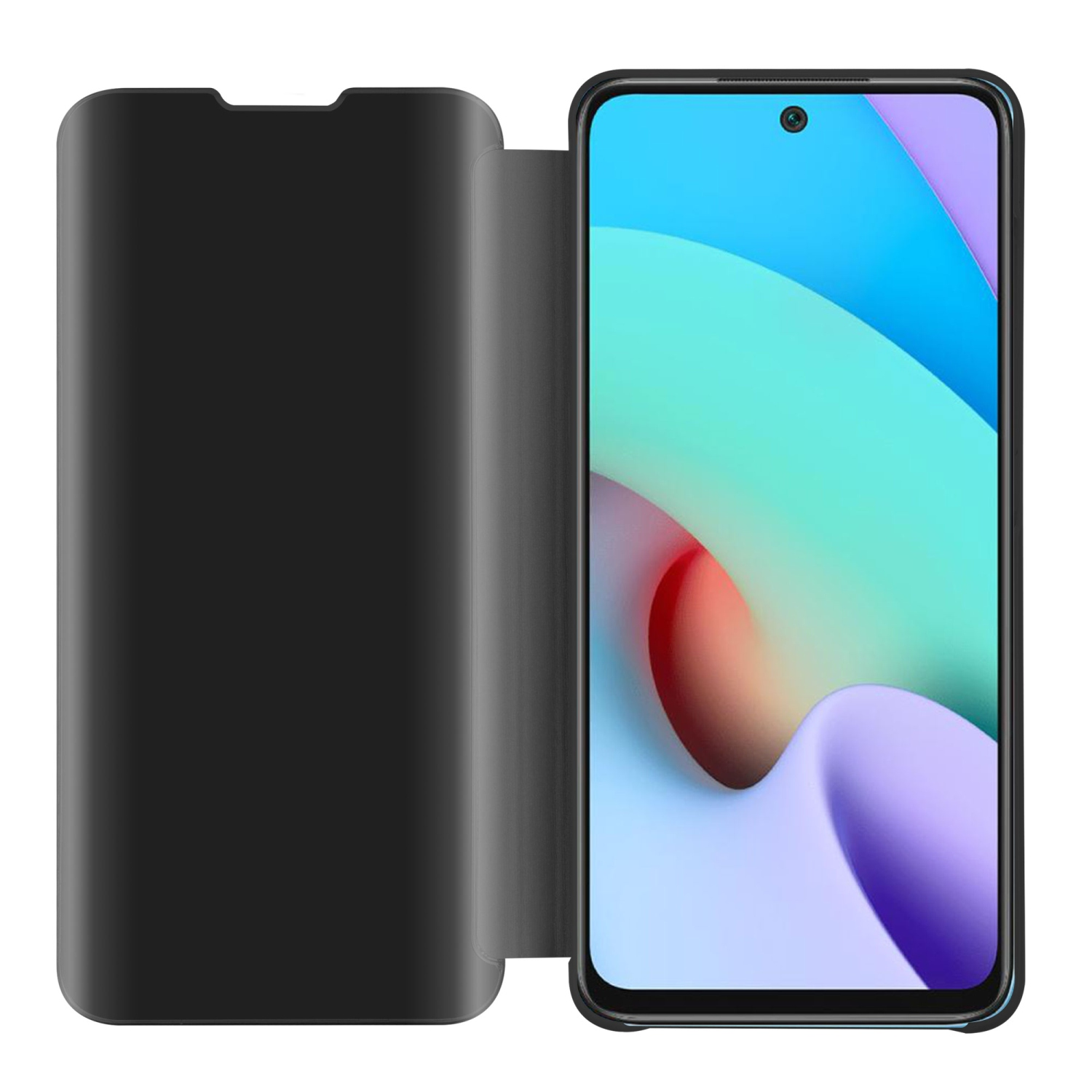 CADORABO Custodia Clear View Specchio con funzione di supporto Protezione a 360 gradi CUSTODIA A LIBRO per RedMi 9, Nero