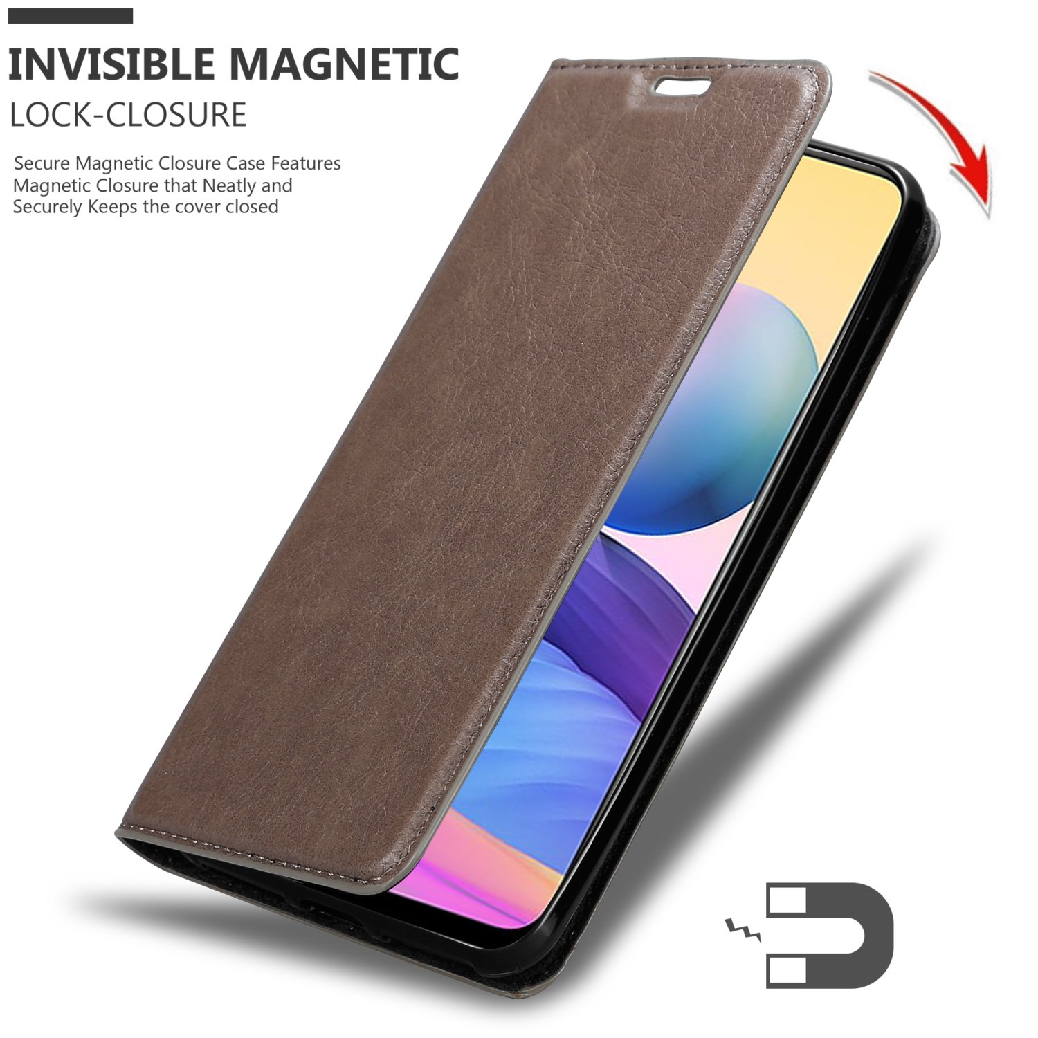 Custodia per telefono marrone parzialmente aperta. Chiusura magnetica e schermo del telefono visibile.