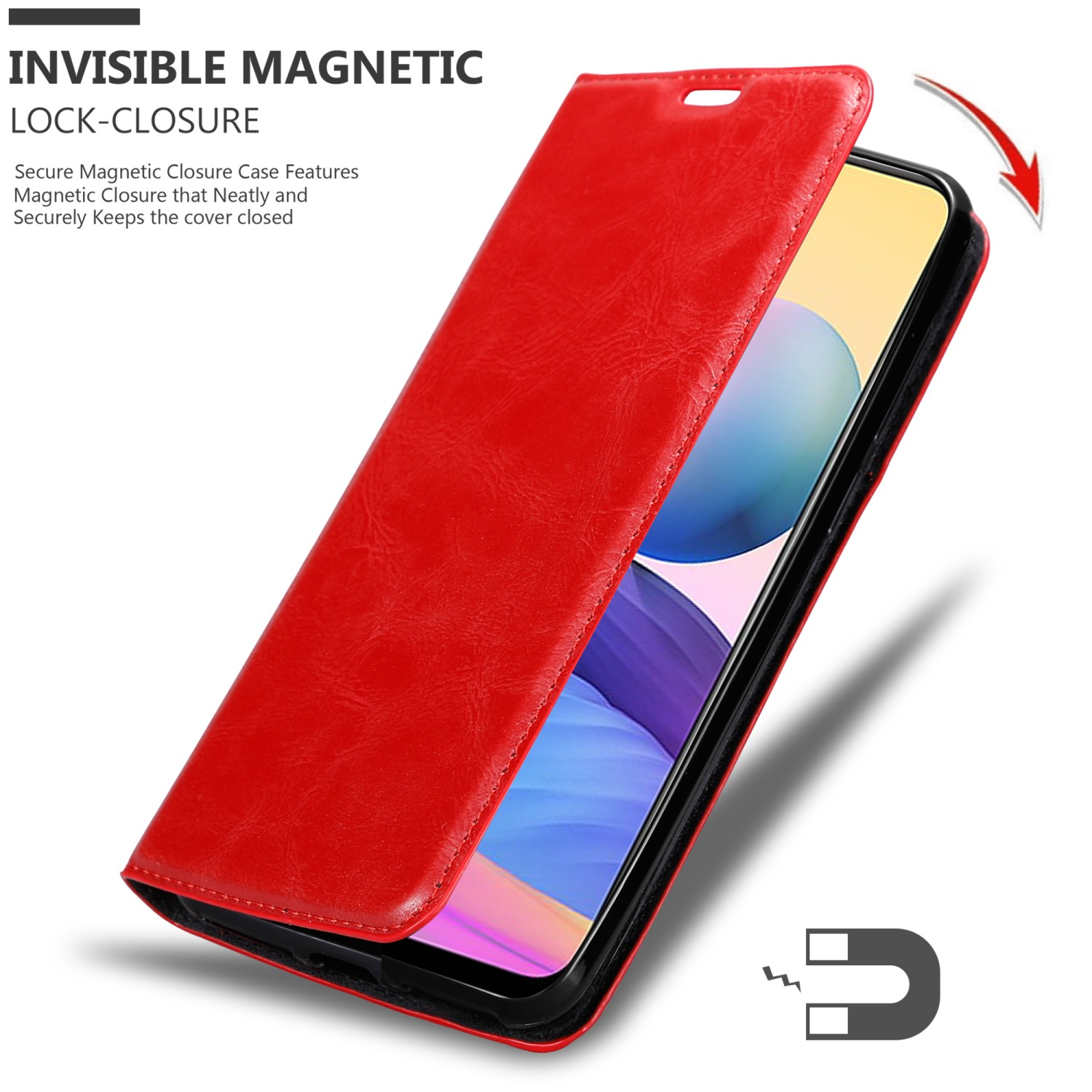 Custodia per telefono in pelle rossa aperta. Chiusura magnetica mostrata. Schermo del telefono visibile. Simbolo magnete.