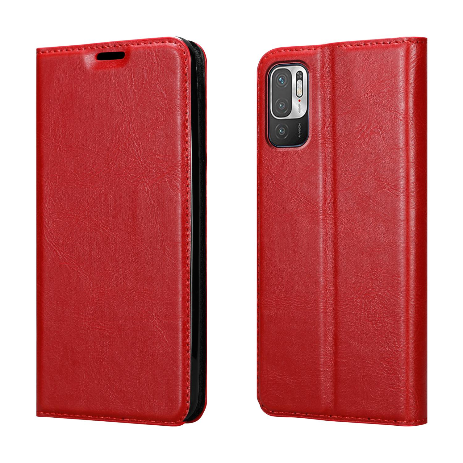 Custodia per telefono rossa aperta, che rivela un telefono. La custodia è in pelle e ha una chiusura magnetica.