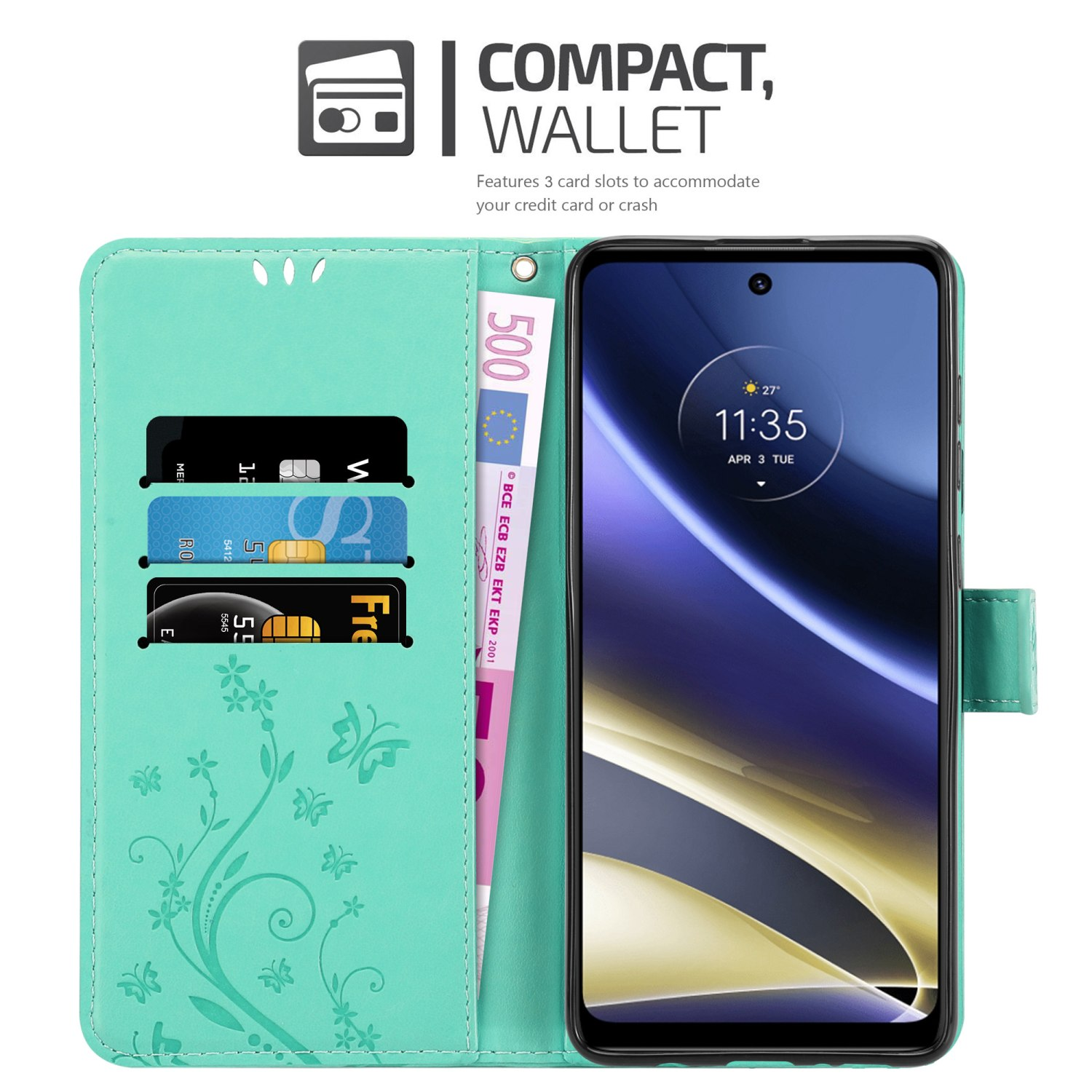 Custodia verde menta aperta, mostra telefono e carte. Testo: Compact, Wallet.