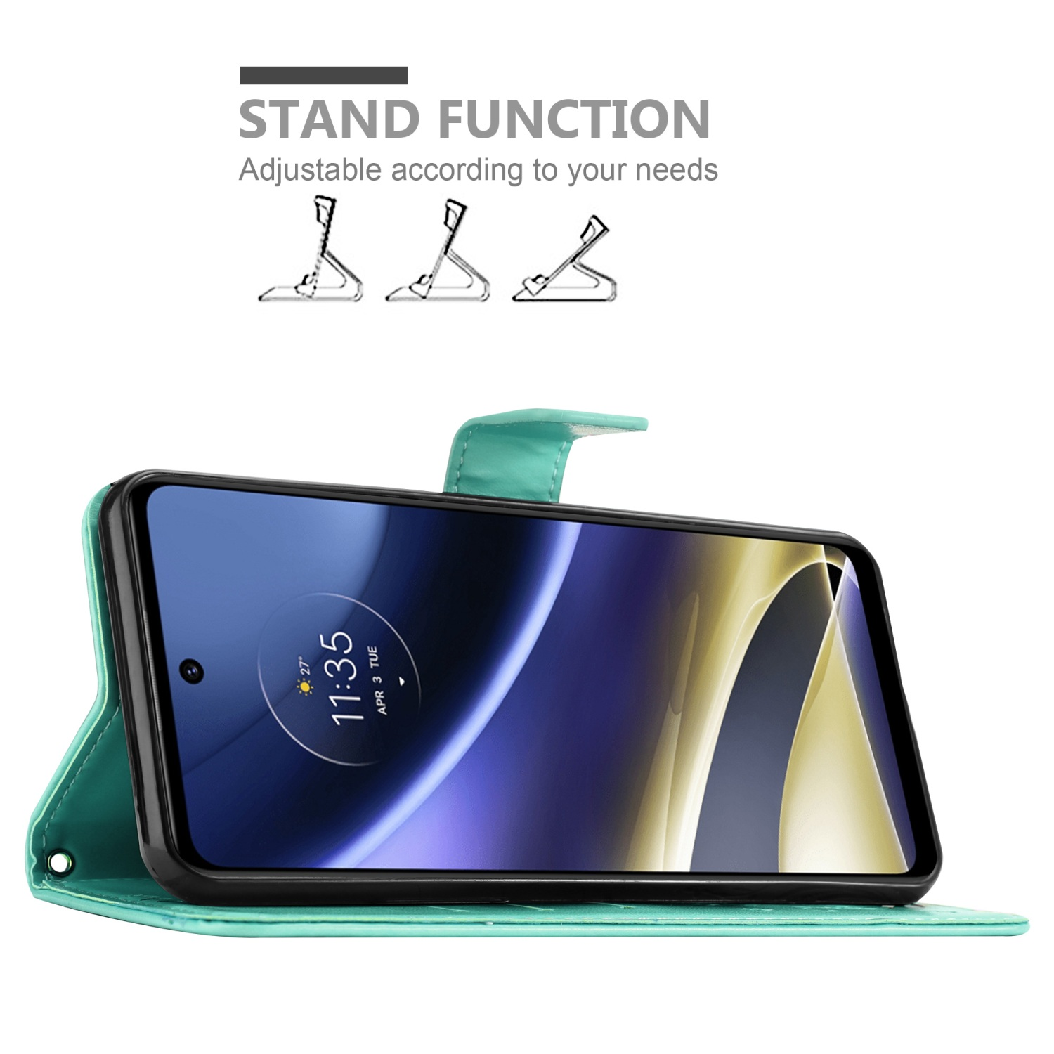 Custodia per telefono color verde acqua con un telefono all'interno in modalità stand. Il telefono mostra l'ora 11:35.