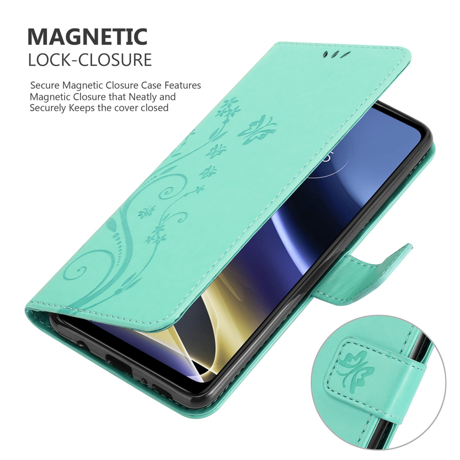 Custodia verde acqua per telefono aperta con telefono che mostra uno schermo. Design floreale sulla cover.
