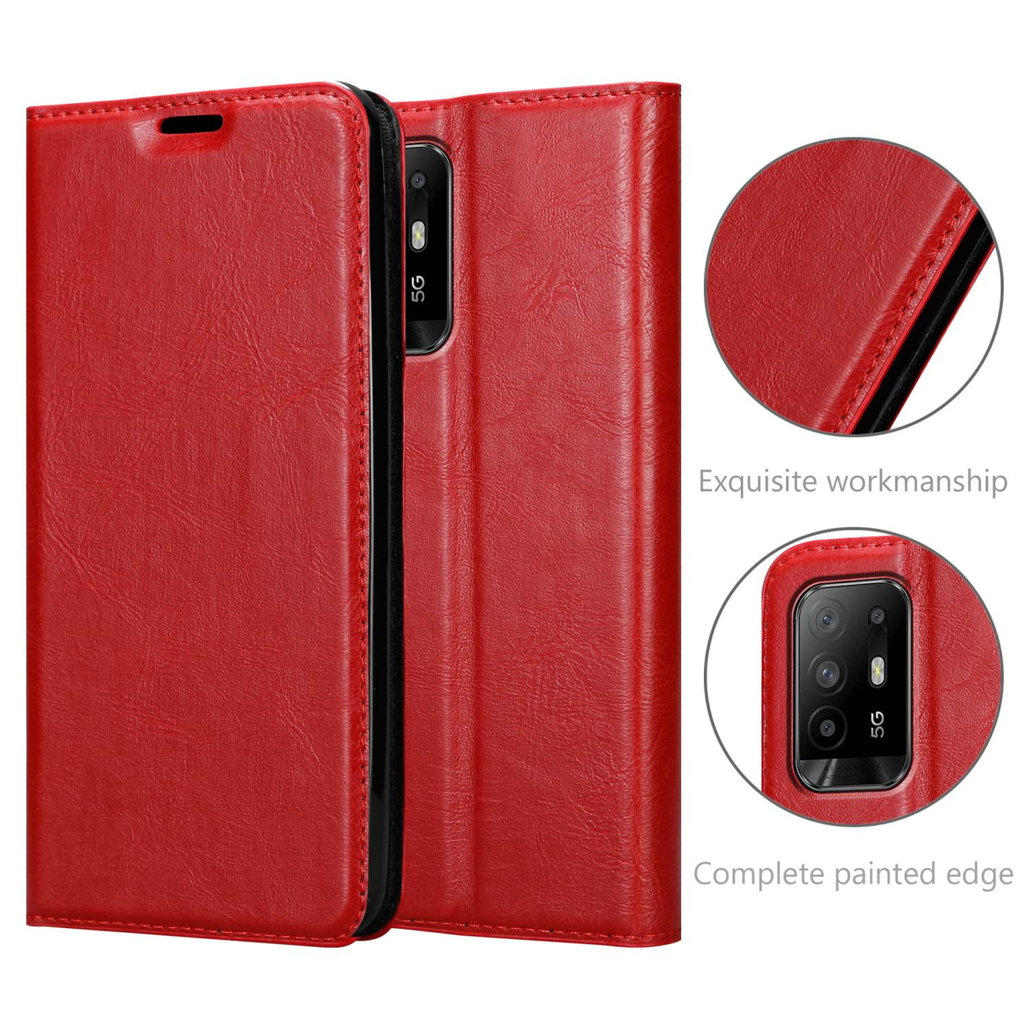 Custodia del telefono rossa, chiusa, con cuciture e dettagli della fotocamera. Testo: Lavorazione squisita.