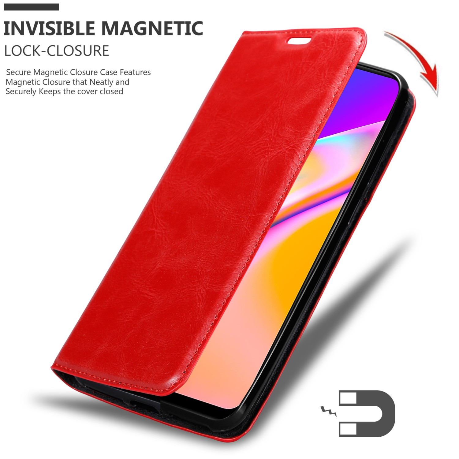 Custodia rossa per telefono aperta, telefono all'interno visibile. Testo: Chiusura magnetica invisibile.