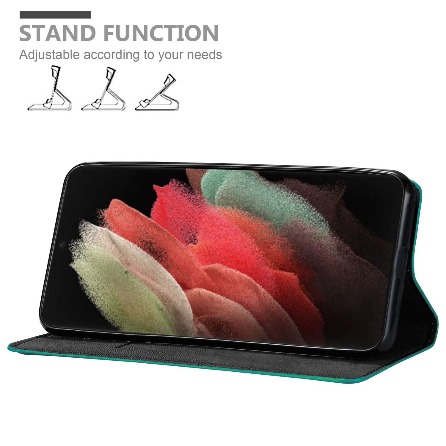 Telefono in una custodia verde in posizione verticale. Testo: Funzione stand. Vengono mostrate tre illustrazioni di supporto angolate.
