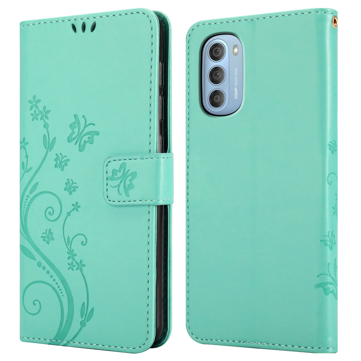 Custodia per telefono verde acqua, chiusa e aperta, con un telefono. Design con fiori e farfalle sul retro.