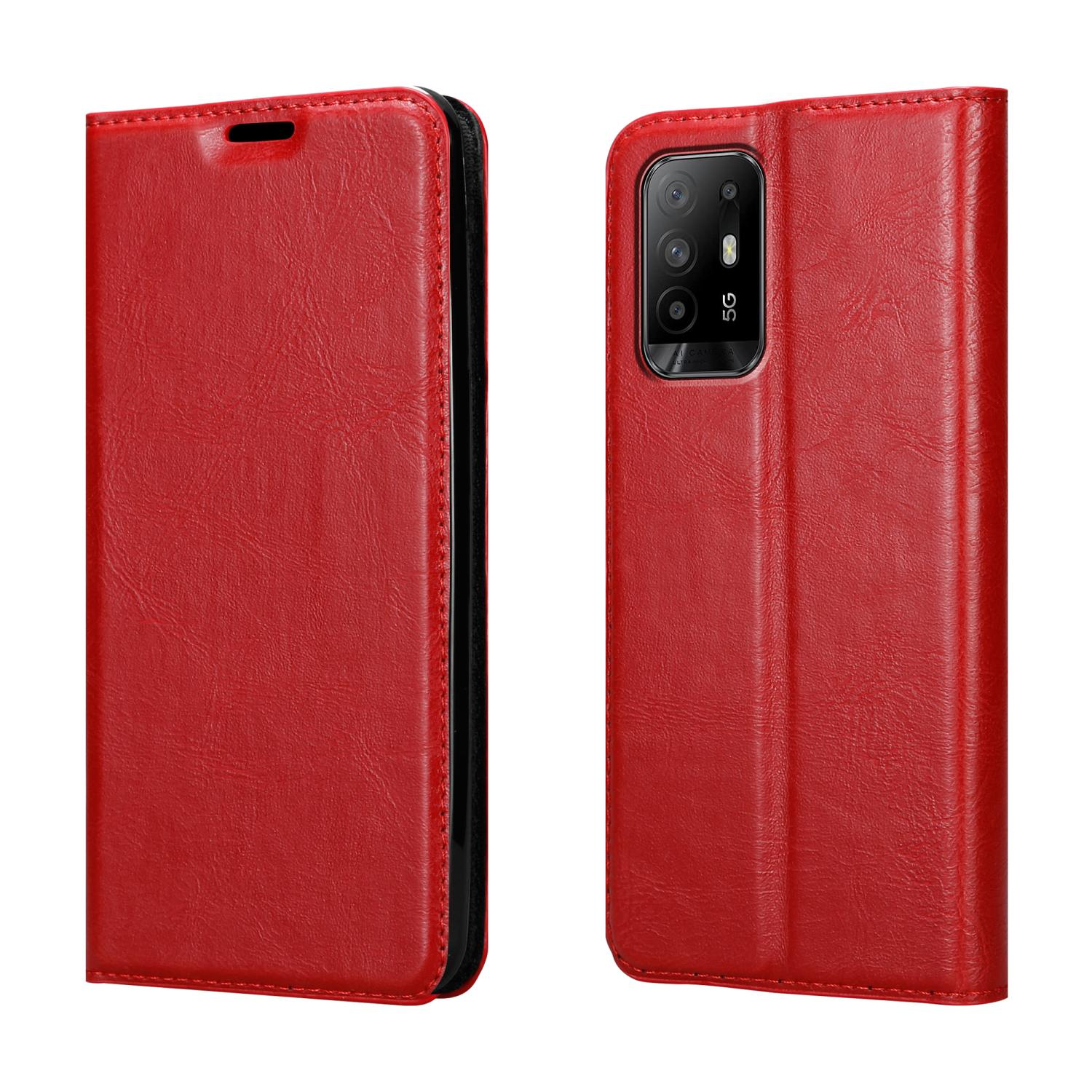 Custodia per telefono rossa, aperta, che mostra un telefono. La custodia ha un motivo strutturato.