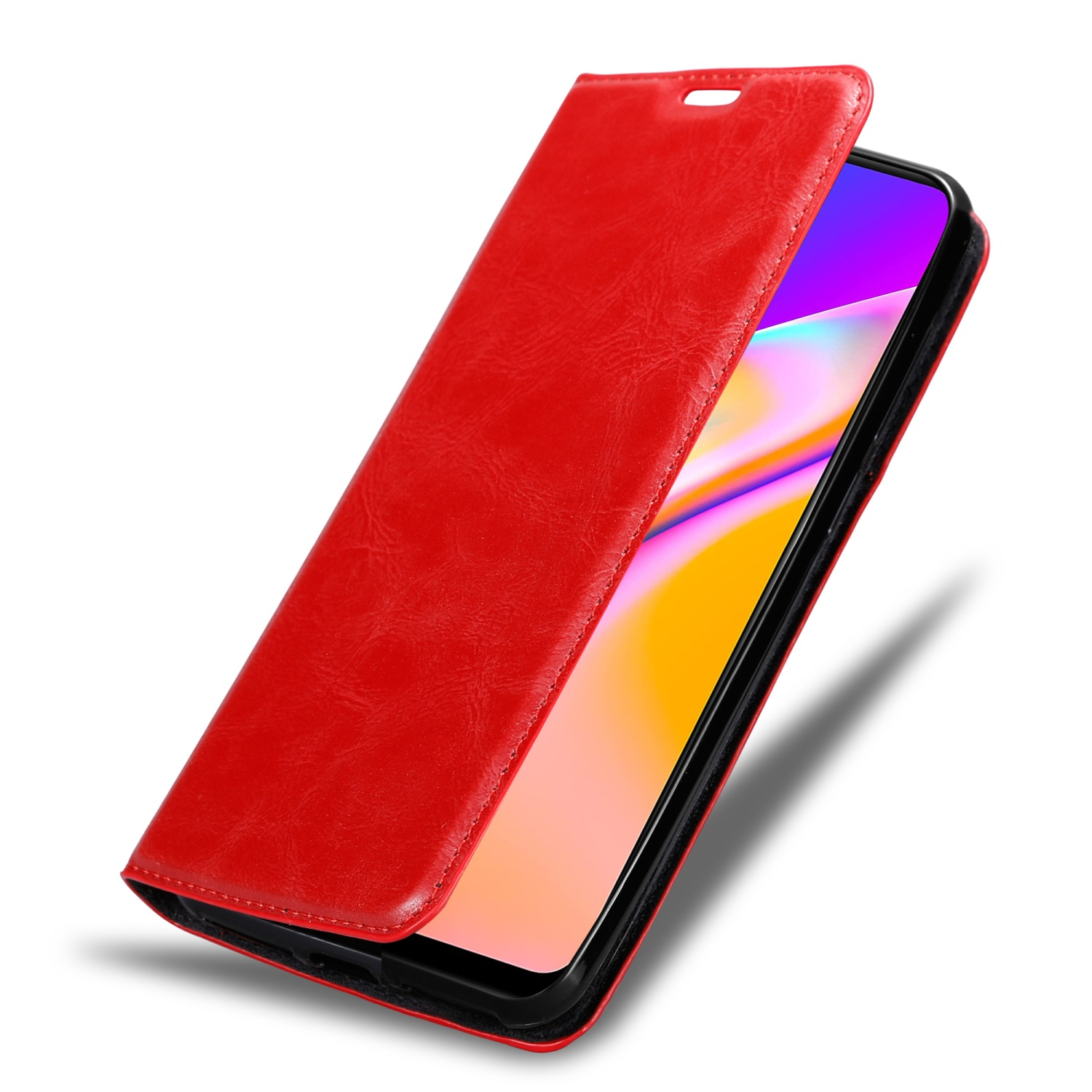 Una custodia per telefono rossa. La custodia è aperta, mostrando il telefono all'interno. La custodia ha un aspetto in pelle.