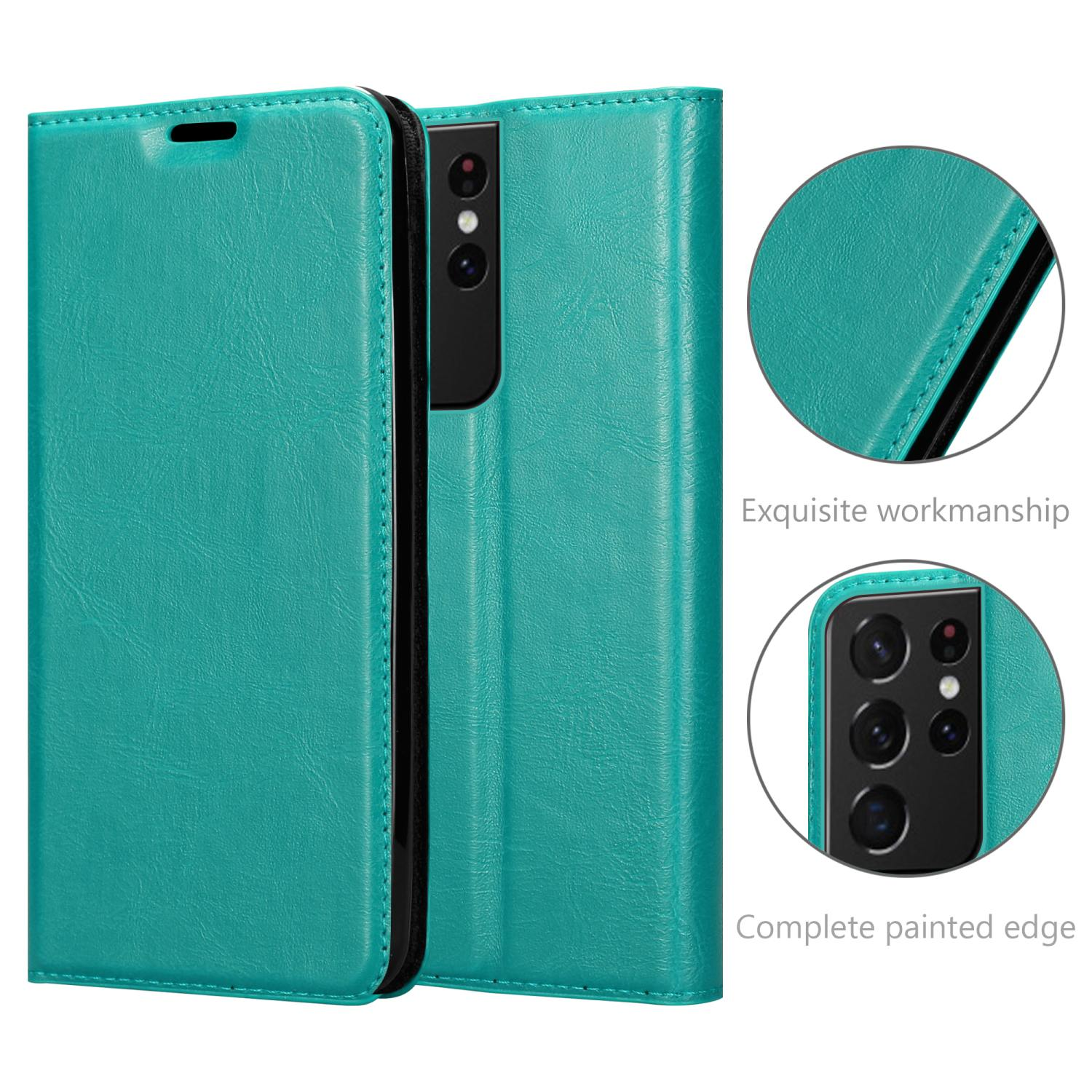 Custodia per telefono verde acqua aperta. Dettagli mostrano cuciture, fotocamera e bordo.
