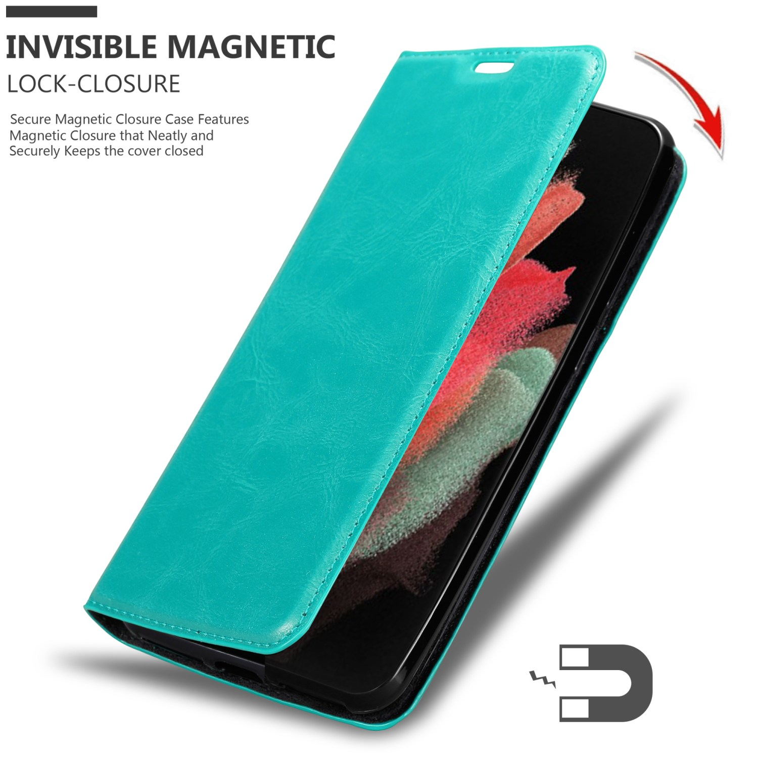 Custodia per telefono turchese con coperchio aperto e un magnete.