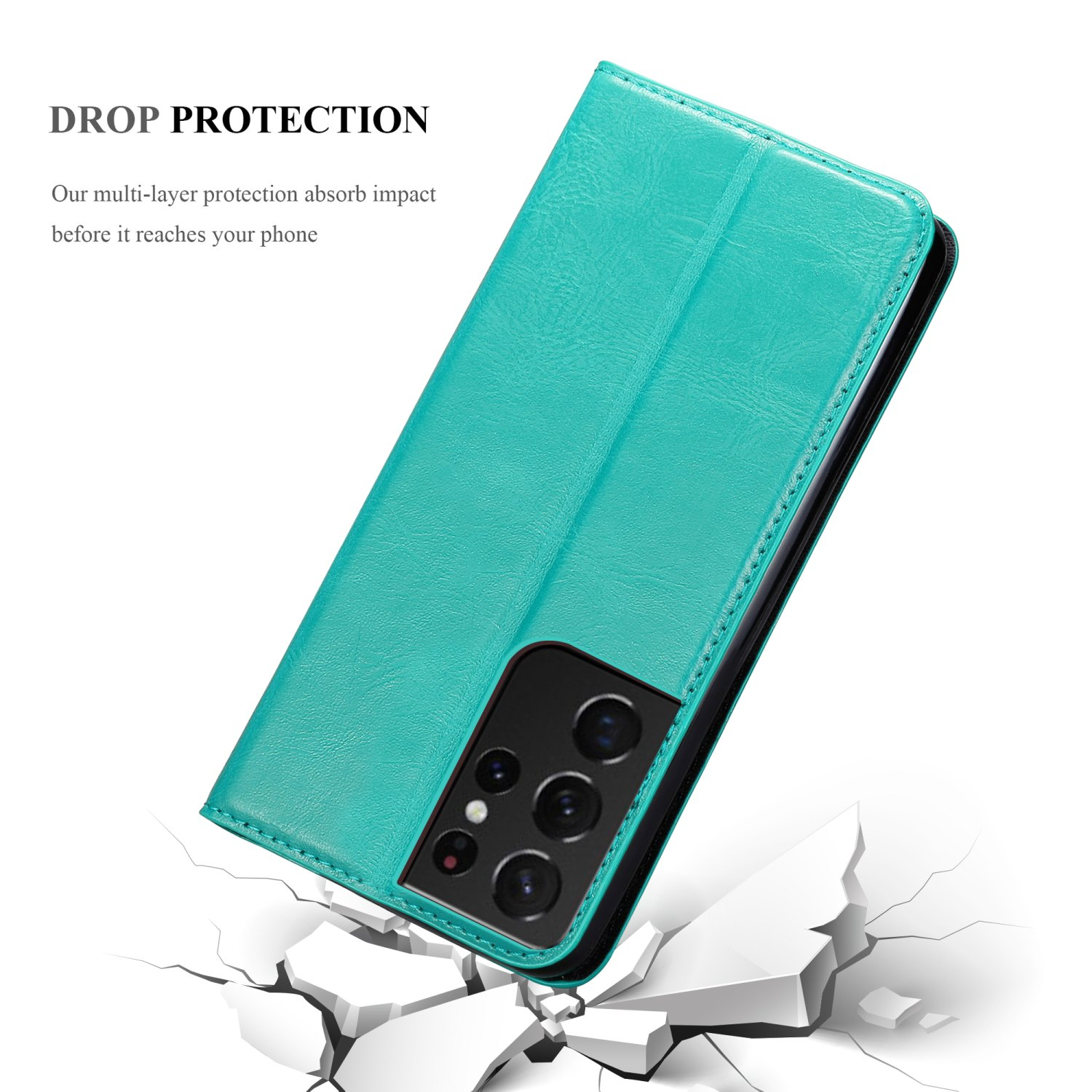 Custodia turchese angolata, con telefono all'interno, su una superficie con crepe. Il testo dice "Drop Protection".