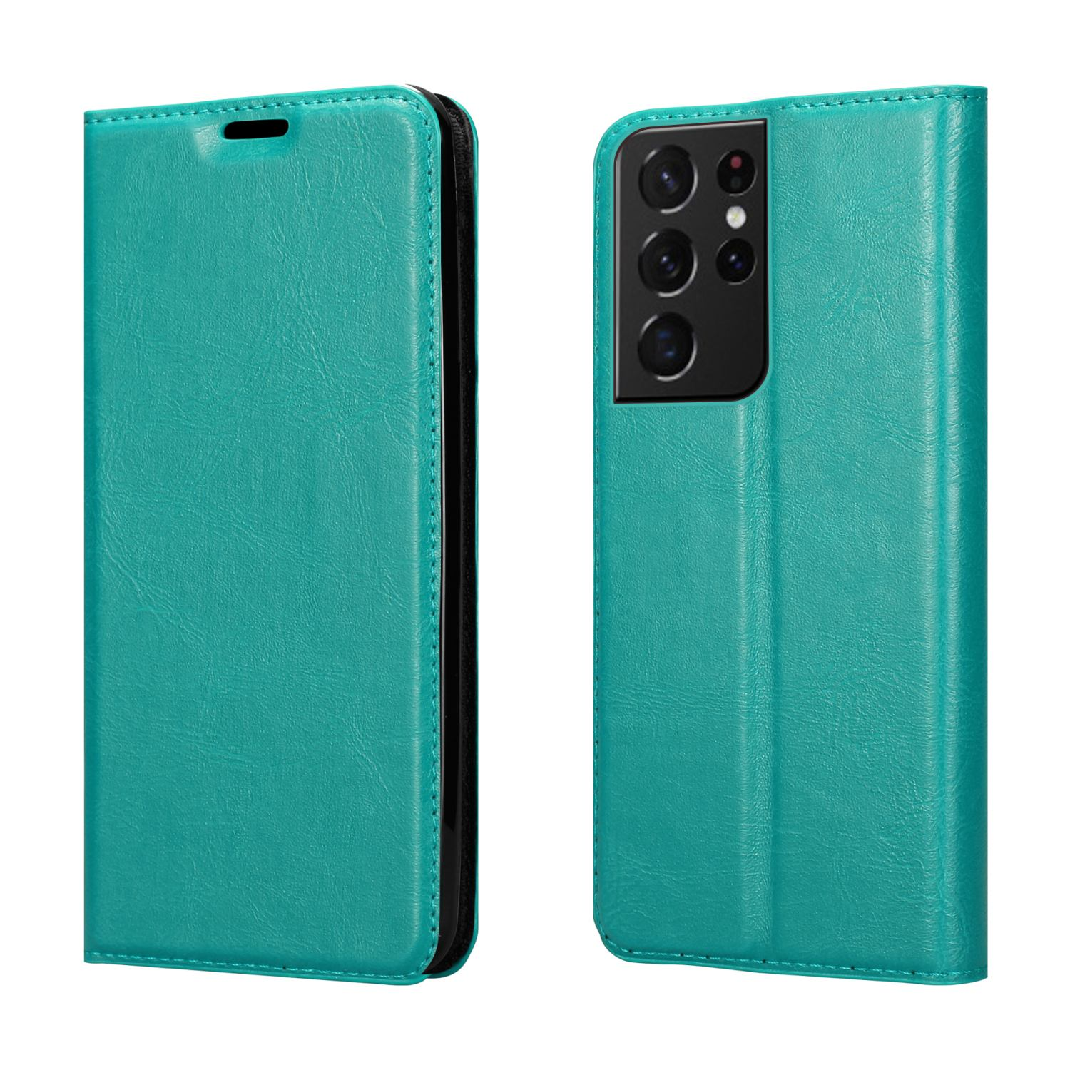 Custodia per telefono verde acqua, aperta e chiusa. La custodia aperta mostra la fotocamera del telefono.