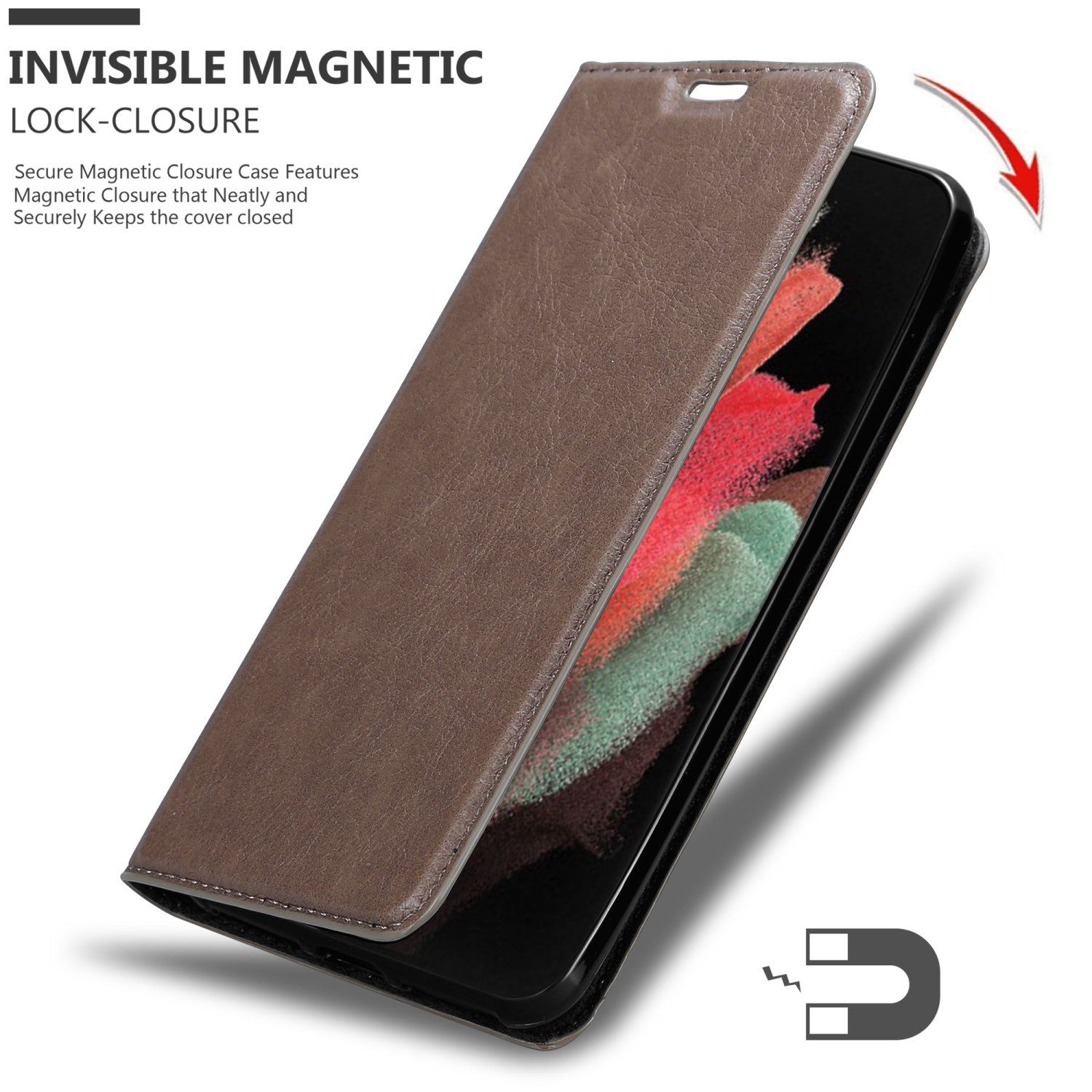 Una custodia marrone aperta, che rivela un telefono con schermo colorato. Chiusura magnetica mostrata.