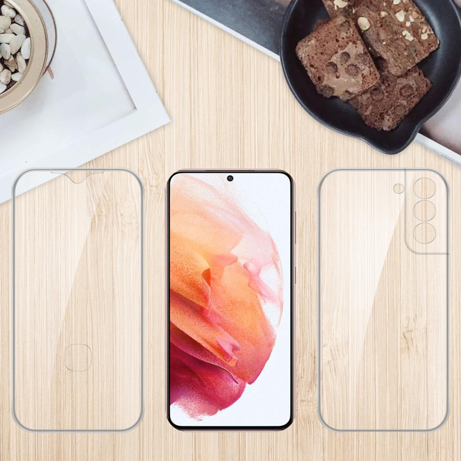 Displayschutzfolie und Telefon mit Hülle liegen auf Holztisch mit Brownies und einer Pflanze.