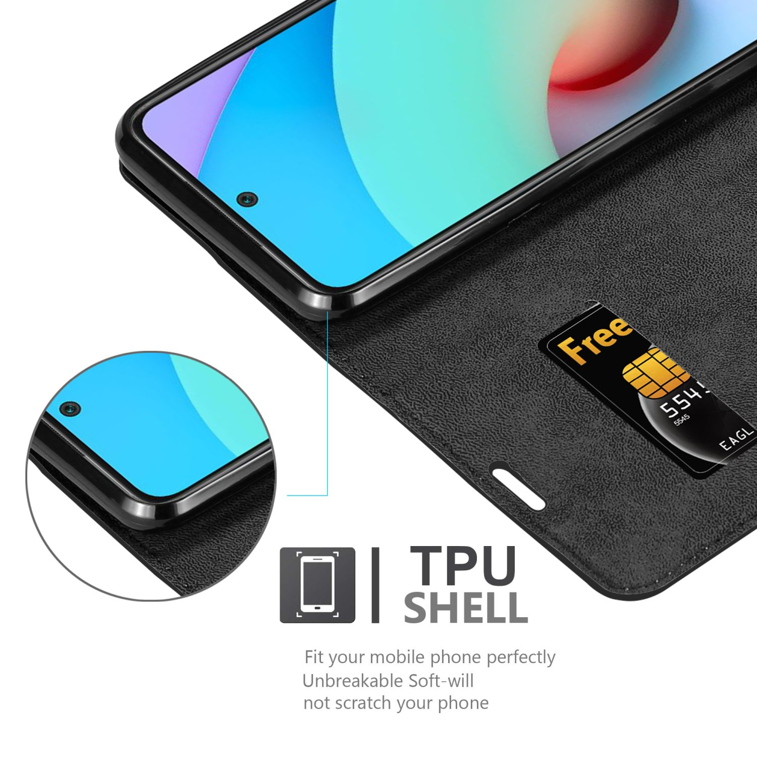 Una custodia per telefono con una cover nera aperta, che mostra lo schermo del telefono e una SIM card.