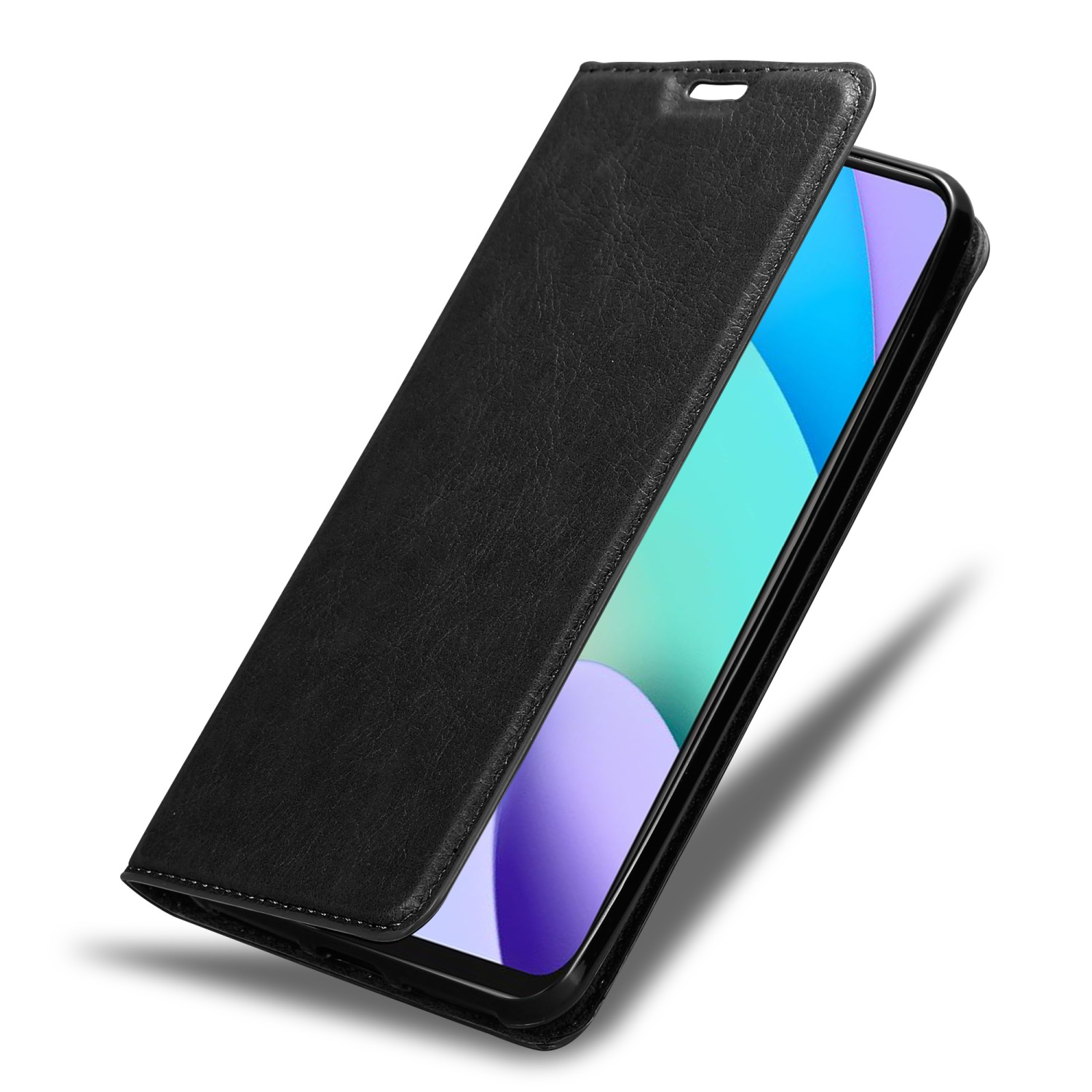 Custodia del telefono nera aperta, che mostra lo schermo del telefono con sfondo colorato.