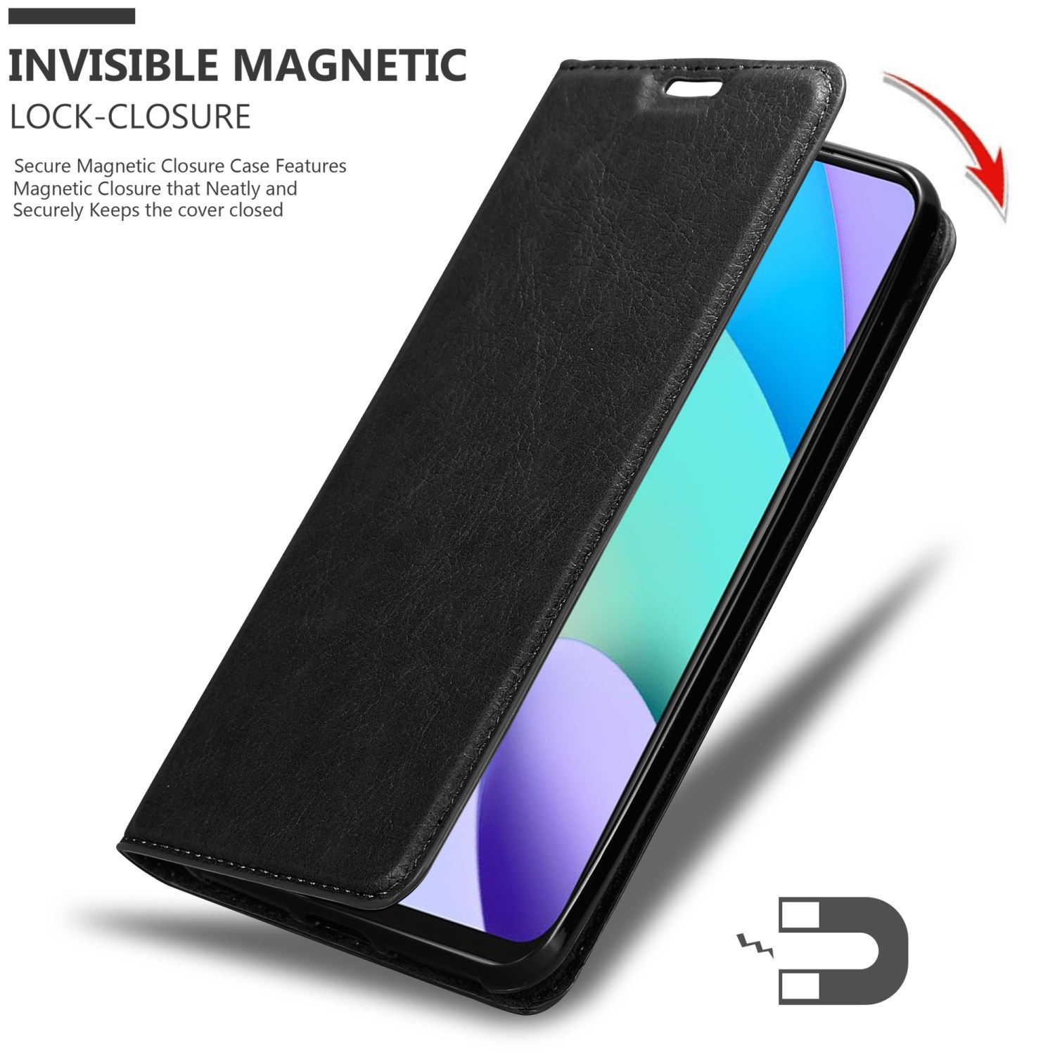 Una custodia per telefono aperta. La custodia è nera e ha una chiusura magnetica.