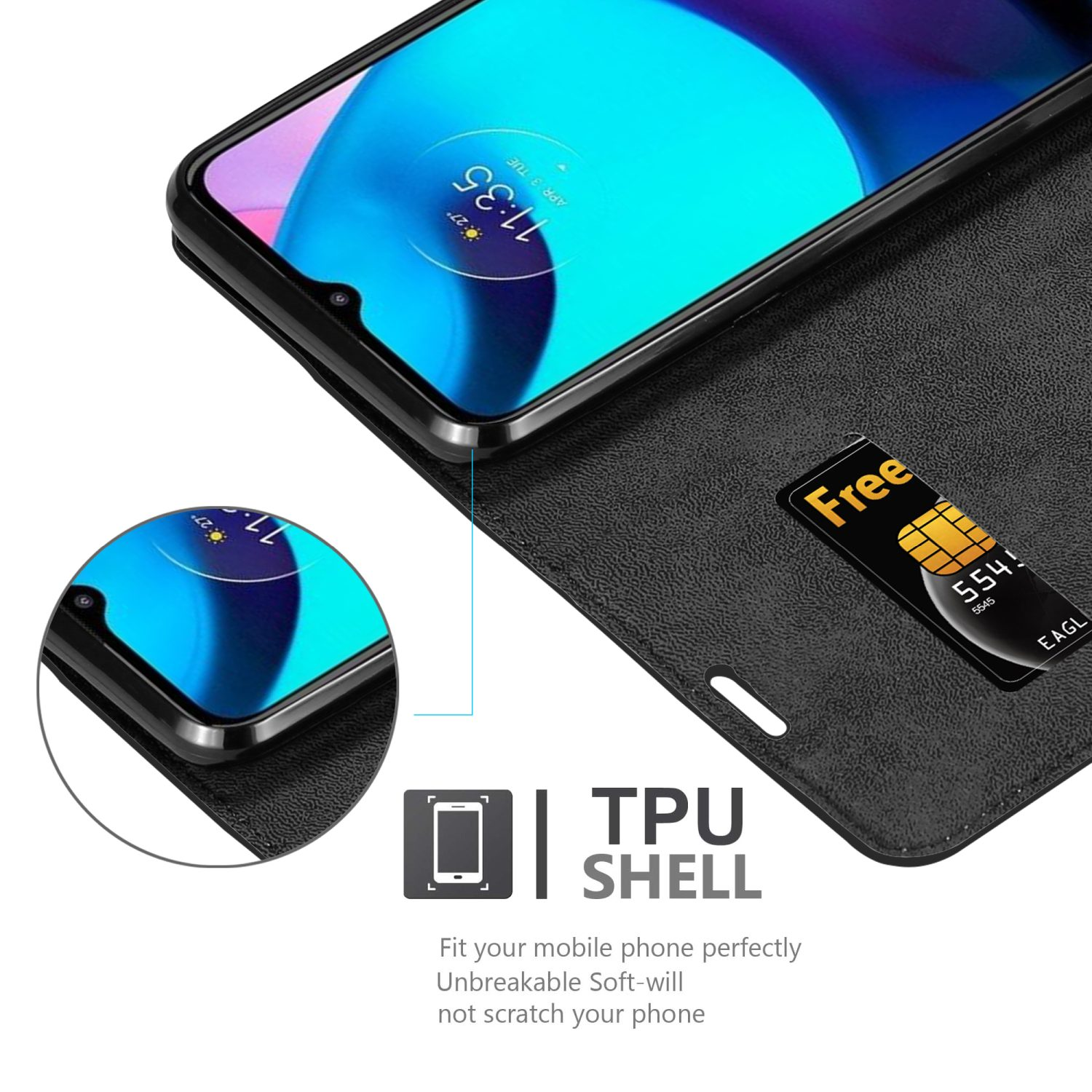 Custodia nera, aperta, con telefono e SIM card. Testo: 'TPU SHELL'.