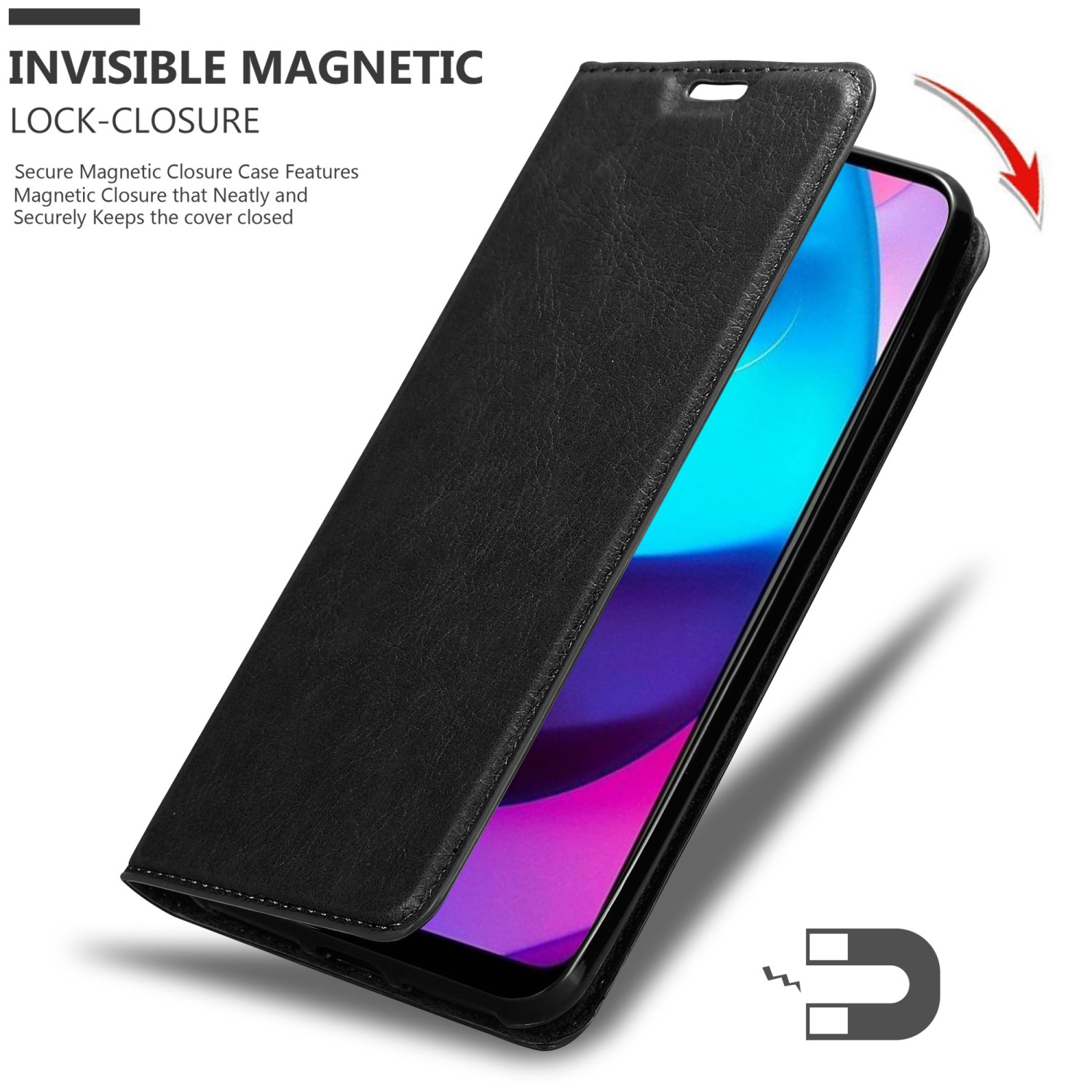 Custodia del telefono nera aperta per rivelare il telefono. Un magnete è mostrato a destra.
