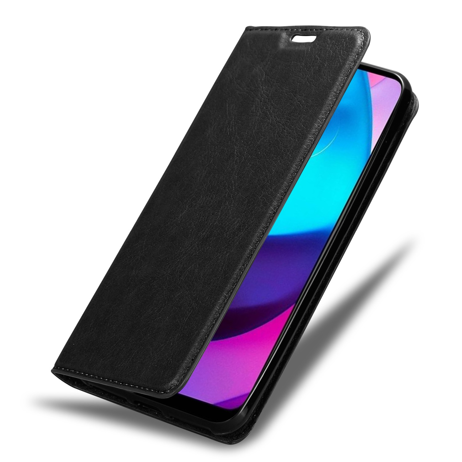 Custodia per telefono in pelle nera aperta, che mostra lo schermo del telefono.
