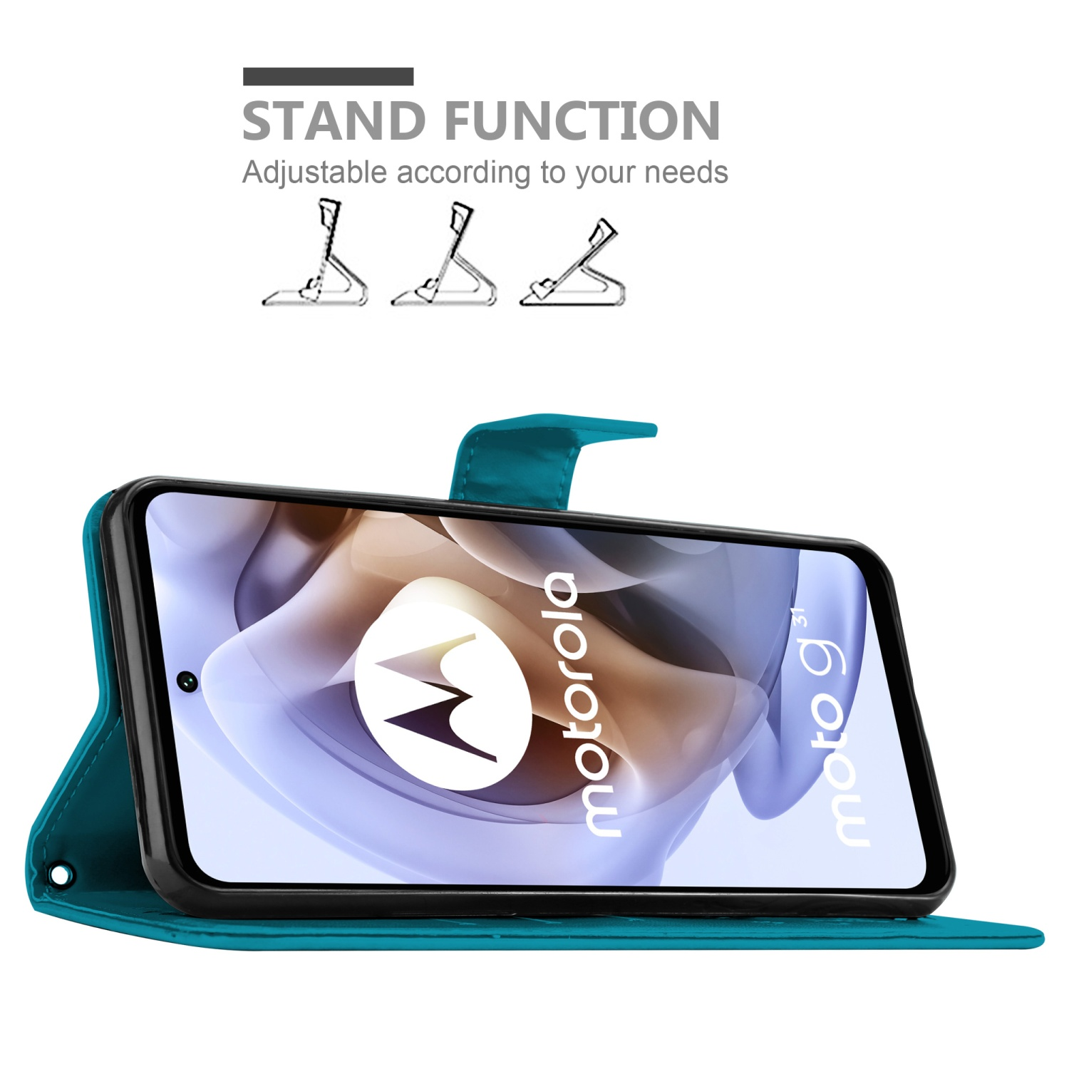 Un telefono in una custodia turchese, aperto e sollevato. Mostra un logo Motorola sullo schermo.