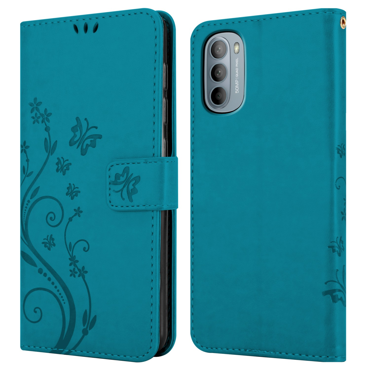 Custodia per telefono verde acqua aperta, con un design floreale sul davanti, il telefono è all'interno. Anche il retro è visibile.