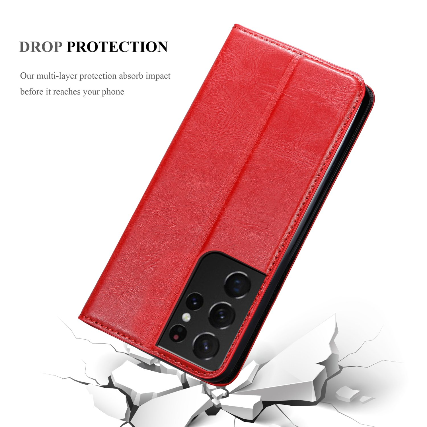 Custodia rossa per telefono. Presenta un telefono, testo e un'immagine di una superficie incrinata.