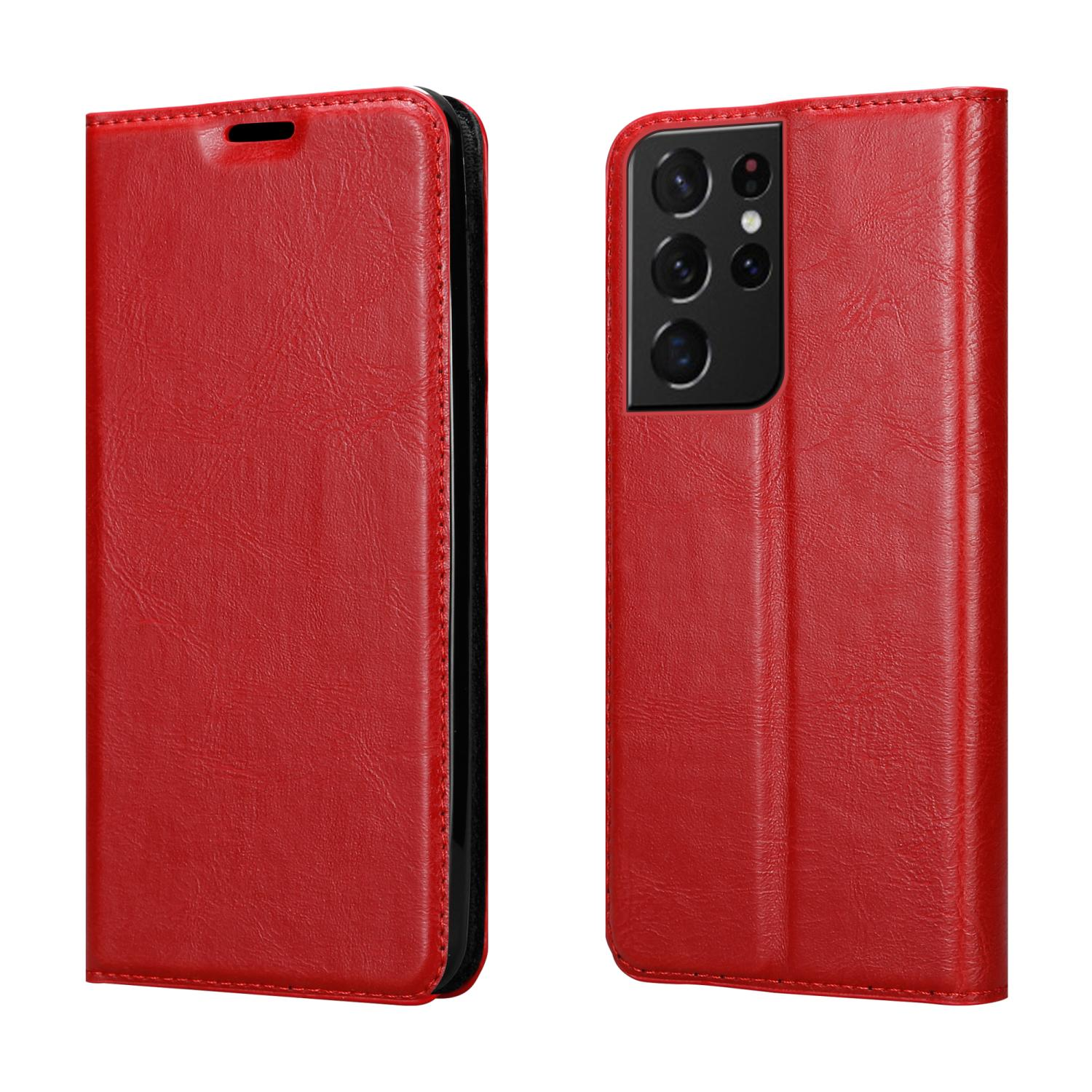 Una custodia per telefono rossa, mostrata da due angolazioni. La custodia sembra essere in pelle.