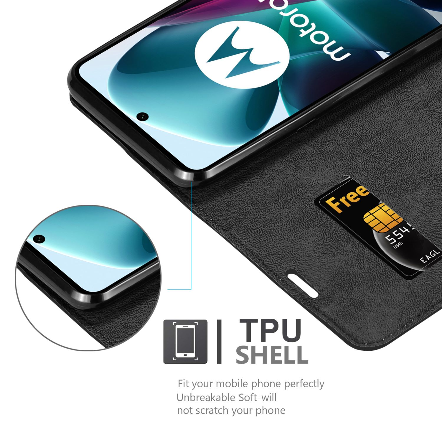Custodia per telefono nera, aperta, con un telefono e una carta. Testo: Guscio in TPU.