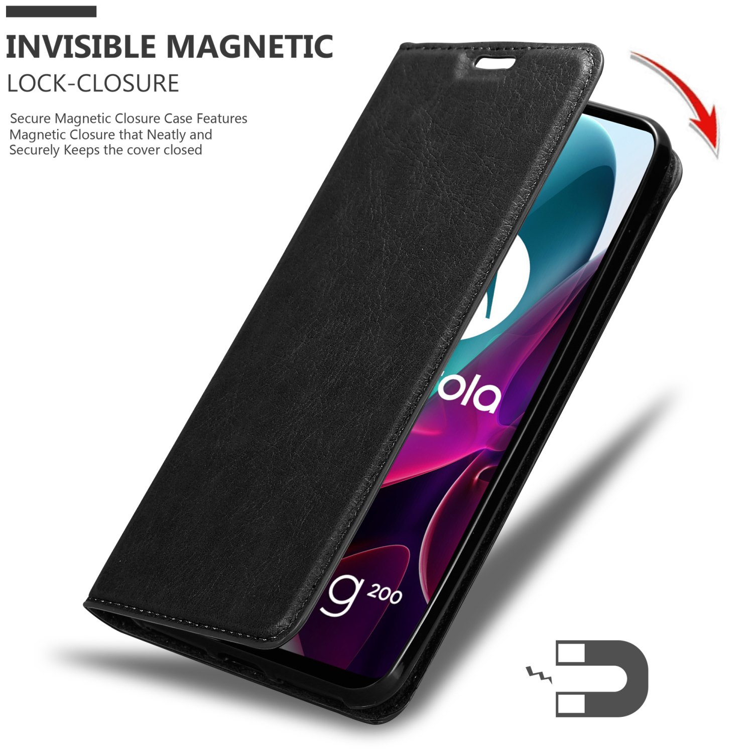 Una custodia per telefono nera è aperta, mostrando un telefono. La custodia ha una chiusura magnetica invisibile.