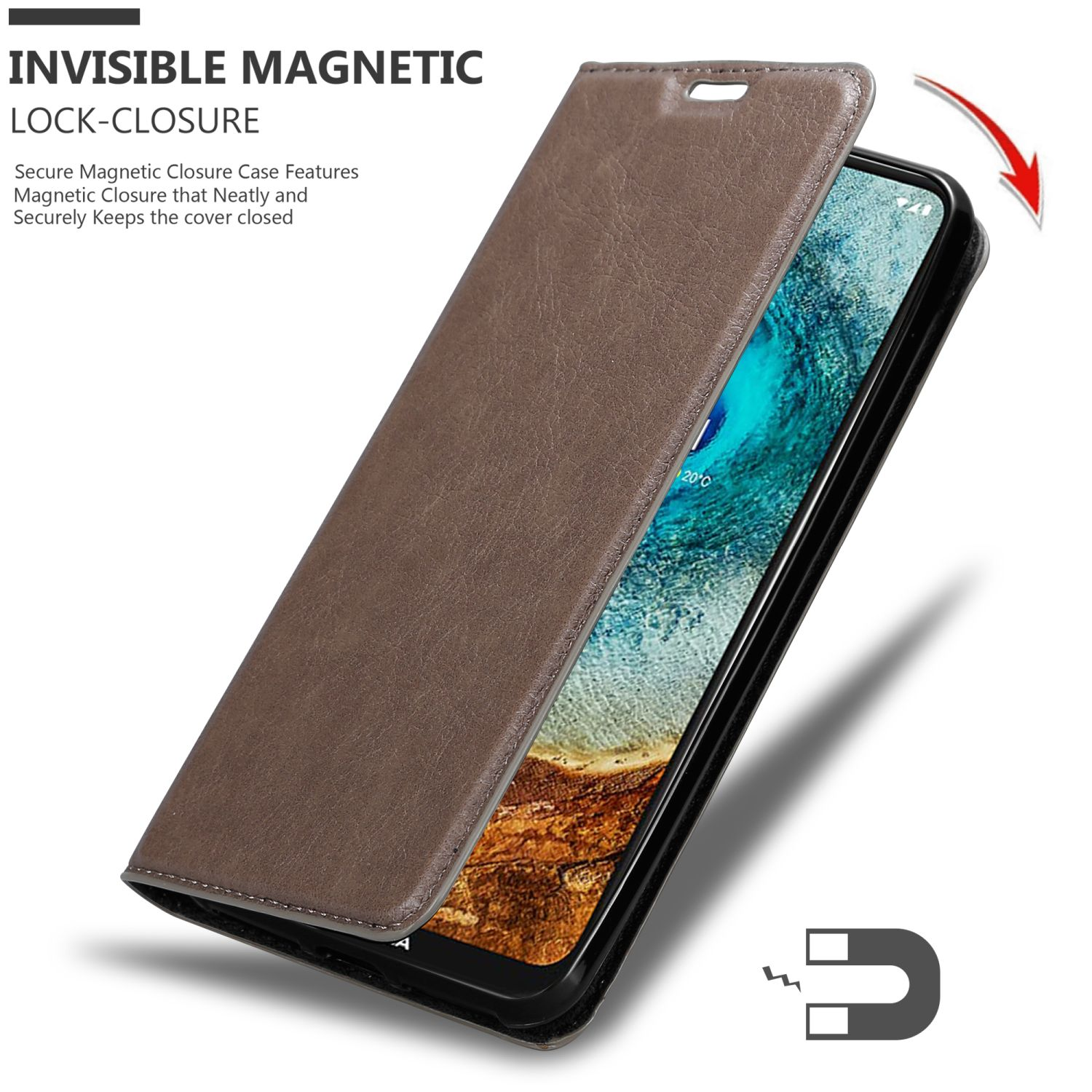 Braune Handyhülle offen, mit Magnetverschluss. Text: Unsichtbarer Magnetverschluss.