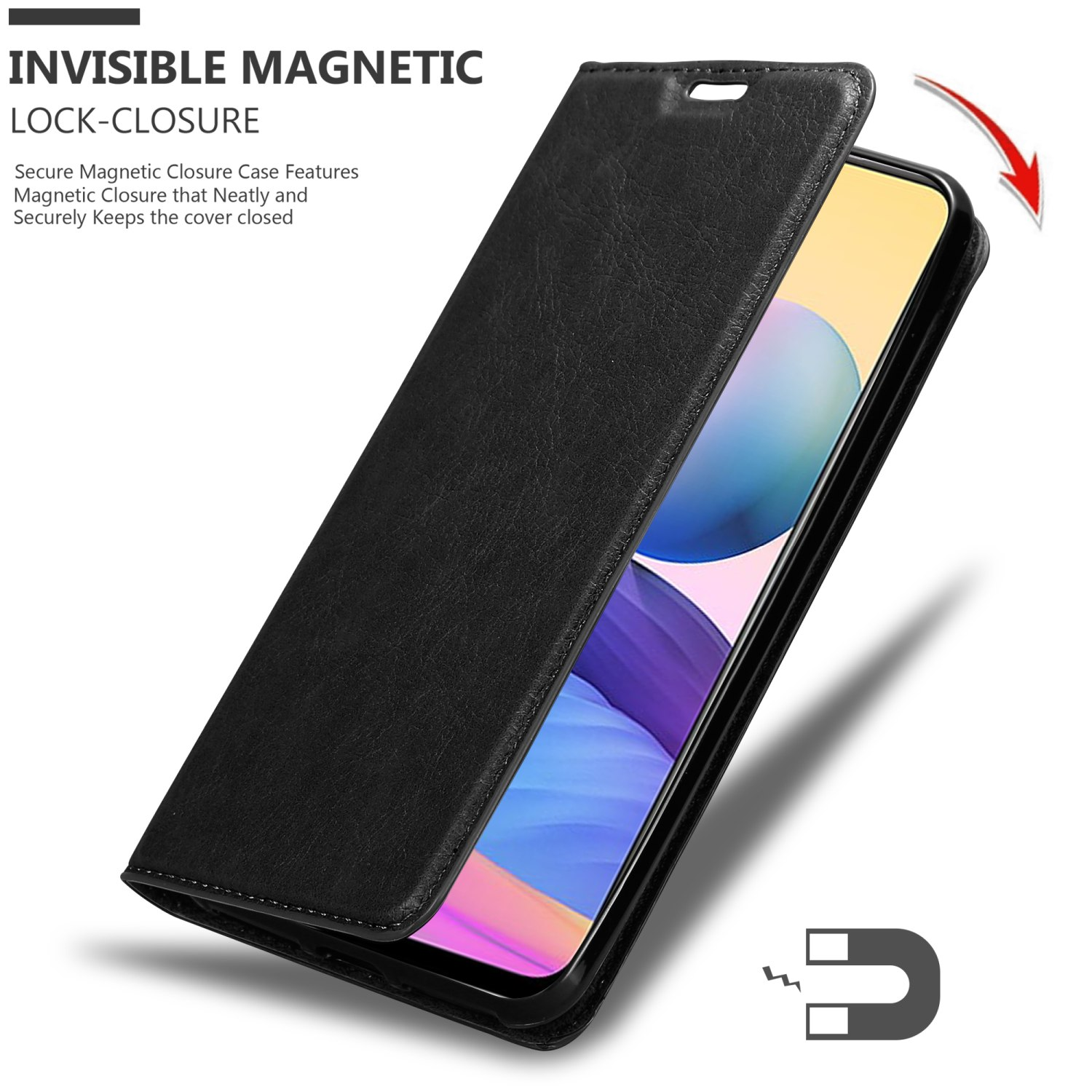 Custodia nera con chiusura magnetica, telefono parzialmente aperto.