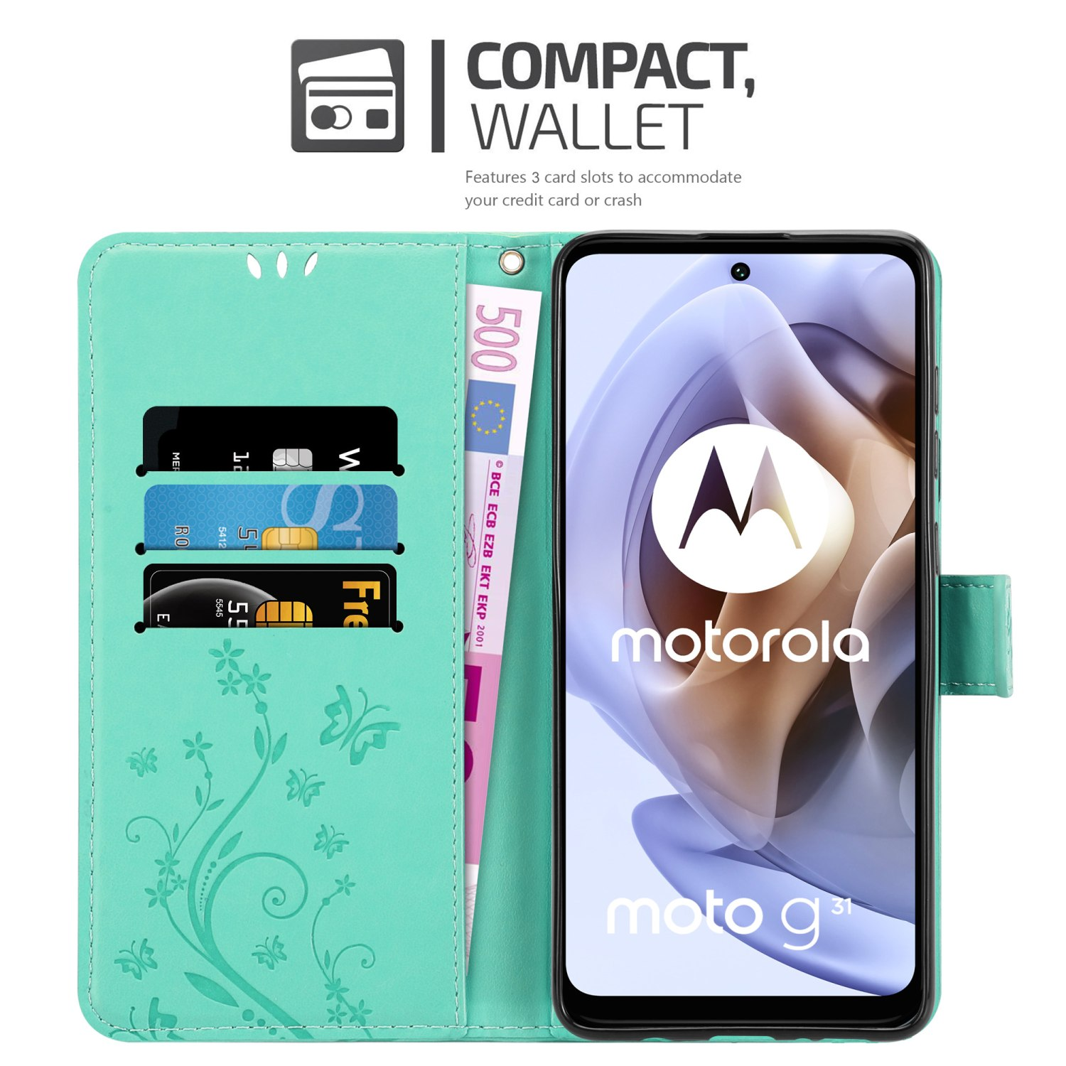 Portafoglio per telefono verde menta aperto. Carte, denaro e uno schermo del telefono Motorola sono visibili.