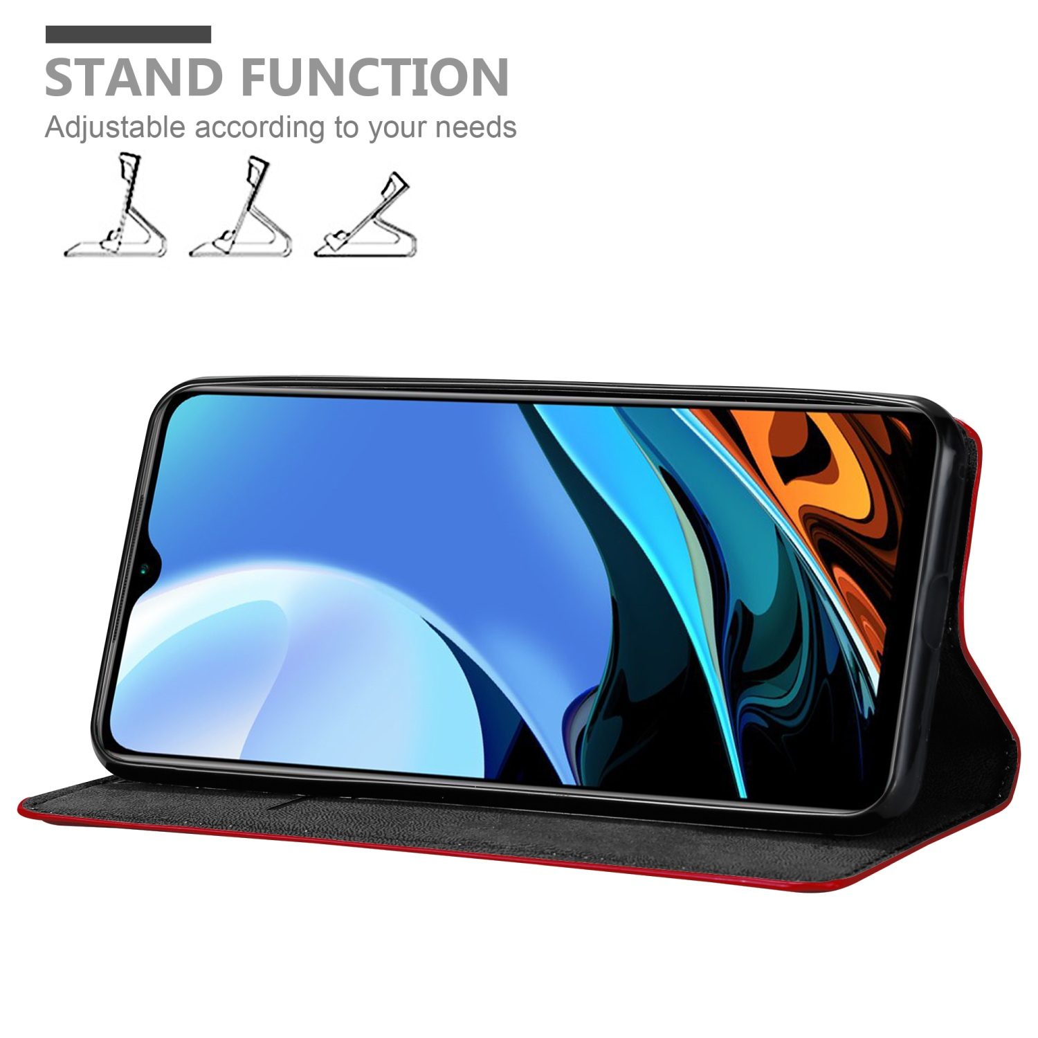 Custodia rossa con telefono in posizione orizzontale. Funzione stand evidenziata.