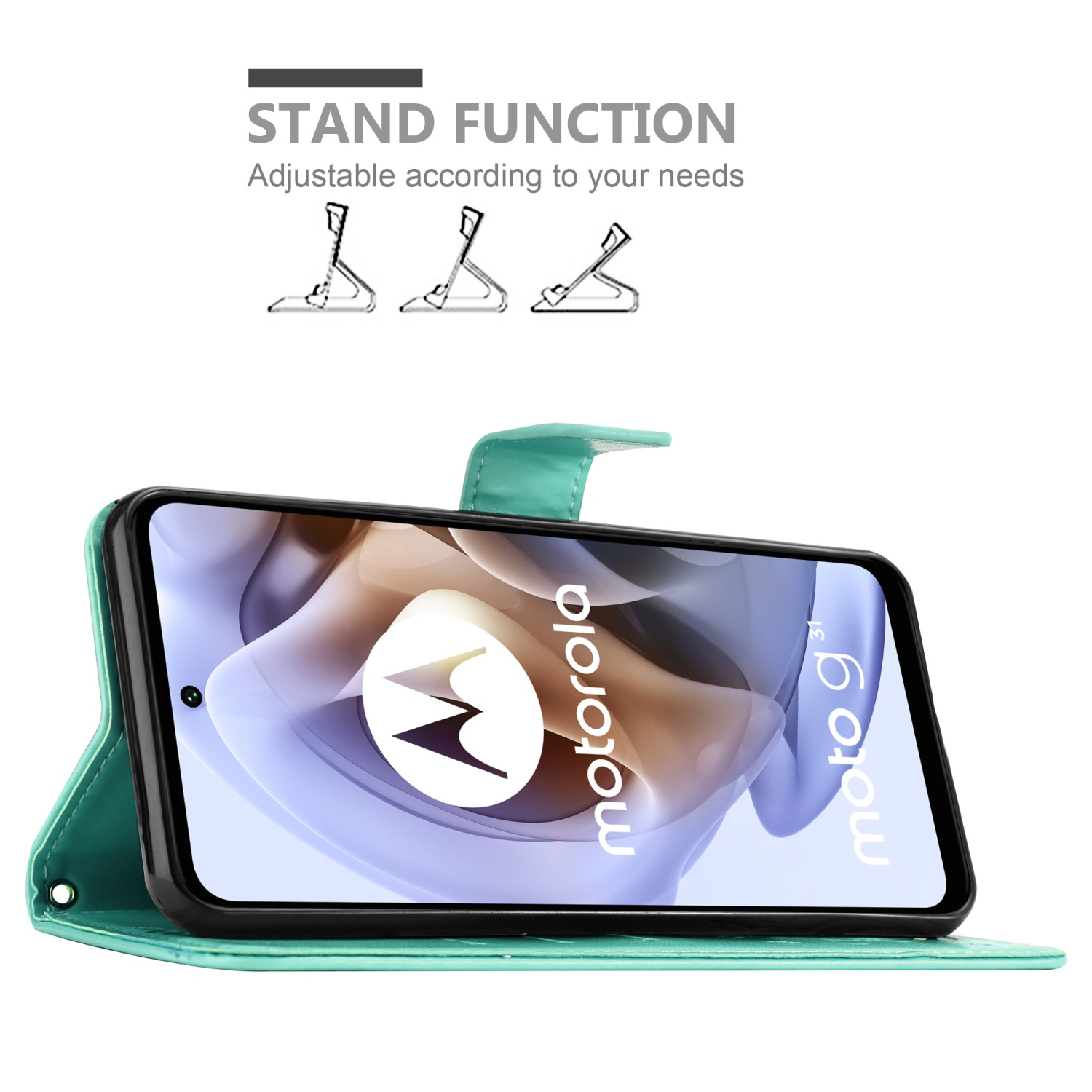 Una custodia per telefono verde acqua con schermo del telefono che mostra un logo e una funzione stand.