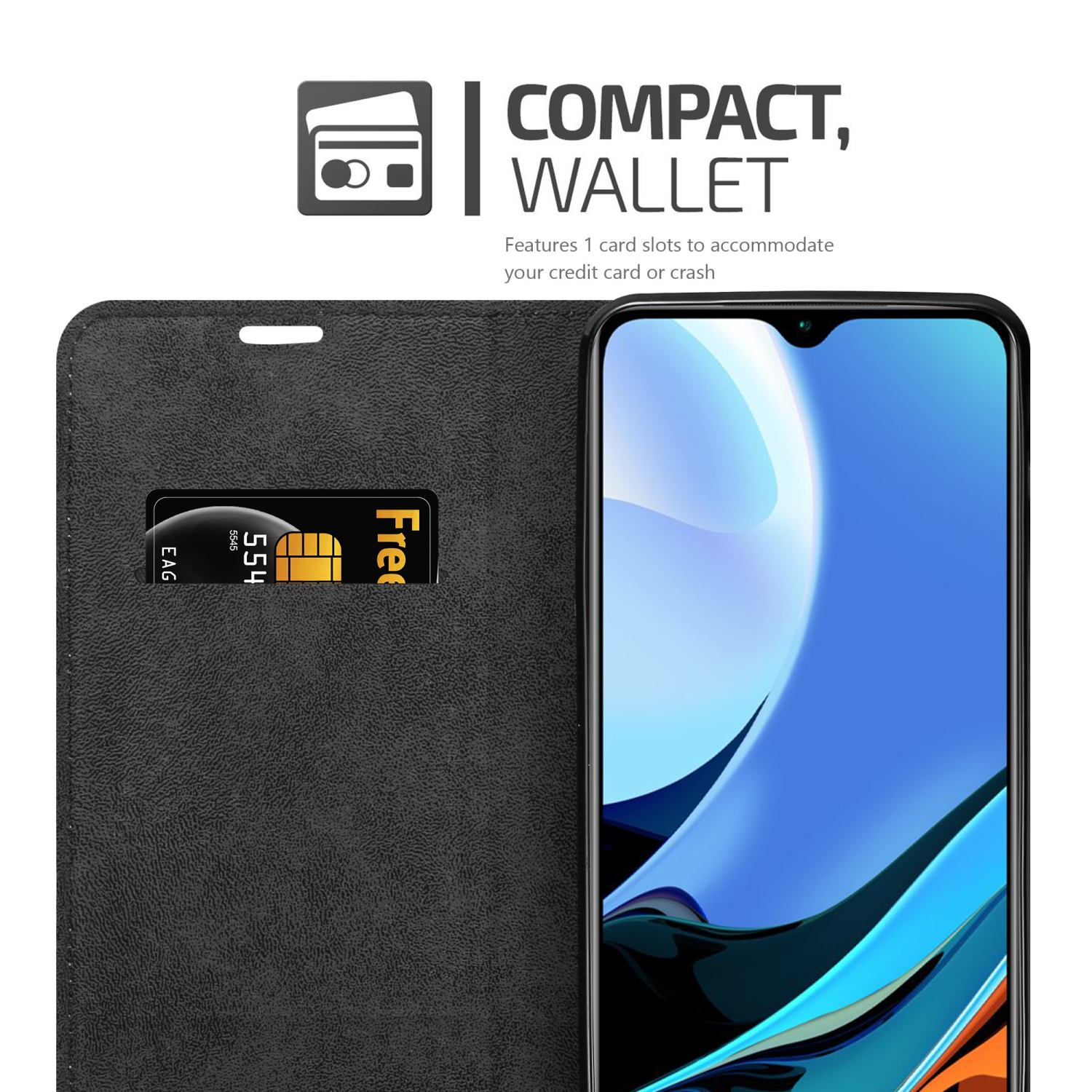 Custodia per telefono nera, stile portafoglio, con scomparto per carte. Visibile lo schermo del telefono. Testo: Portafoglio compatto.