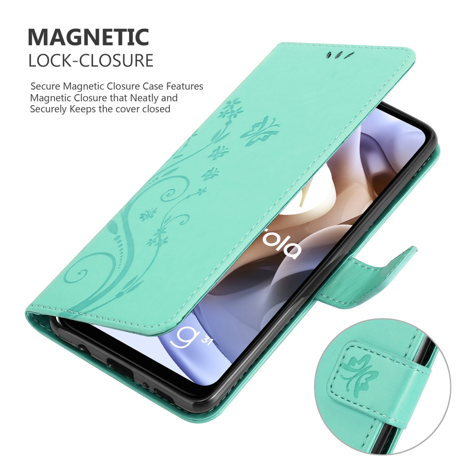 Custodia per telefono color verde acqua con telefono, aperta. Presenta un design floreale, chiusura magnetica e un telefono all'interno.