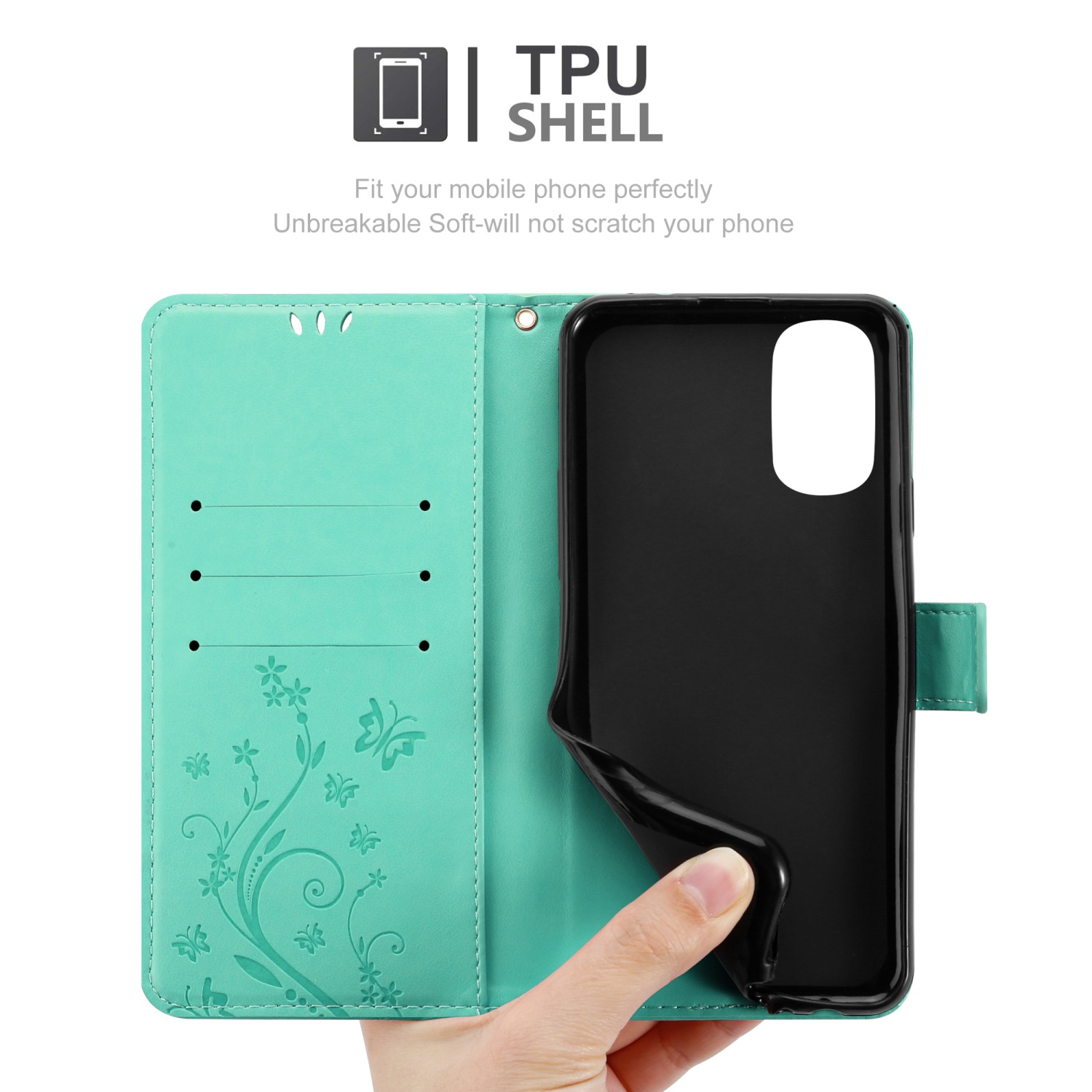 Custodia per telefono, aperta, con telefono all'interno. Design floreale sulla custodia. Testo: TPU SHELL, Adatta perfettamente il tuo cellulare.