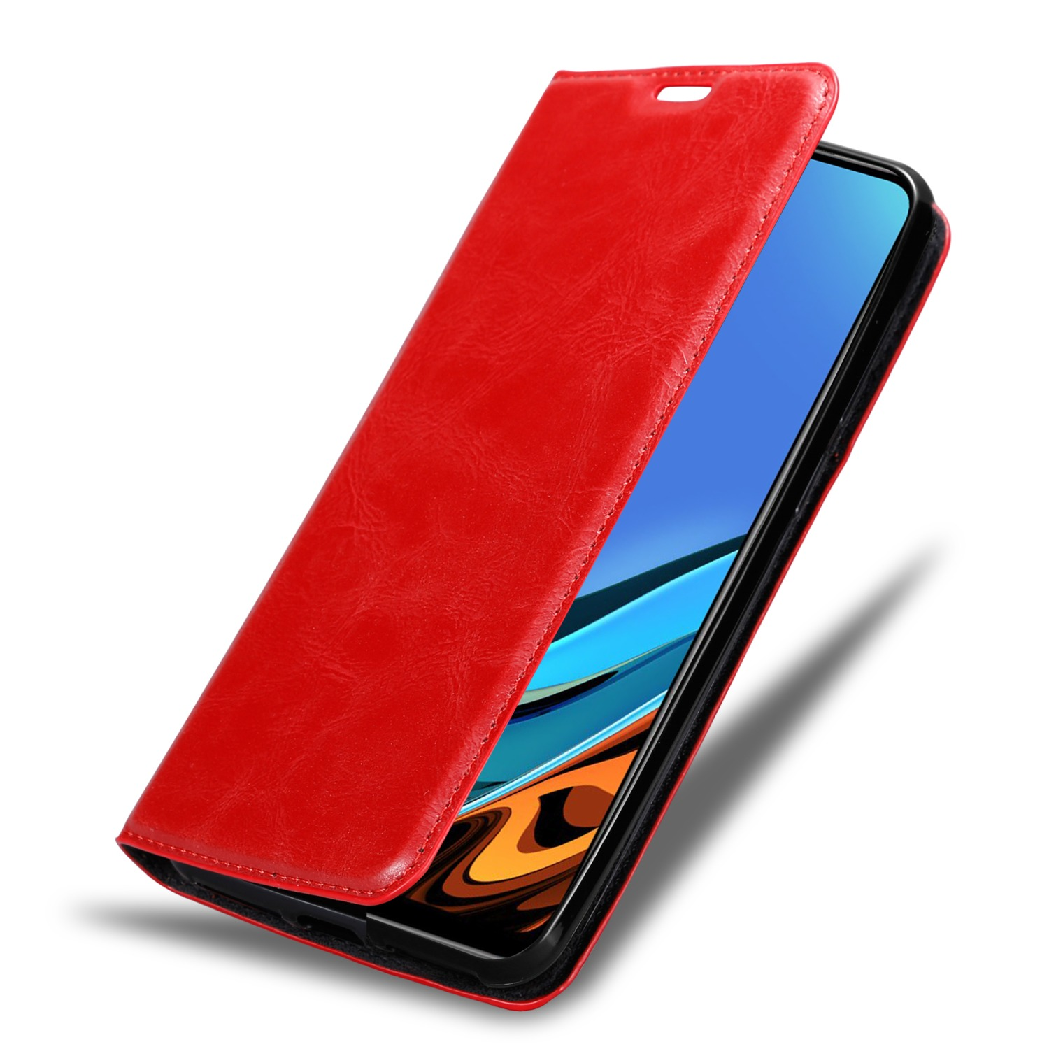 Eine rote Leder-Handyhülle ist geöffnet und zeigt einen Telefonbildschirm mit einer bunten Reflexion.