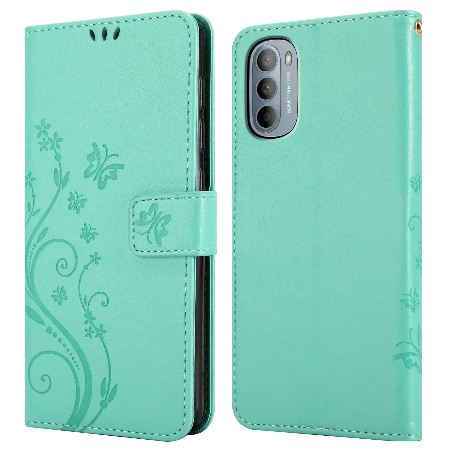Custodia verde acqua per telefono, aperta, che mostra il telefono. Design floreale. Testo: Protezione dalle cadute.