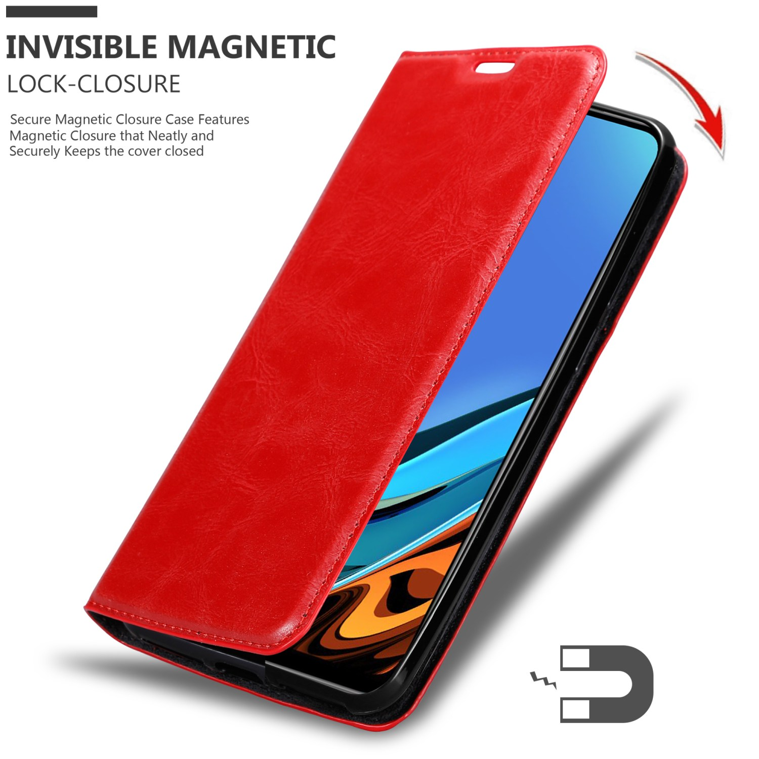 Custodia rossa aperta, che mostra un telefono. Il testo indica le caratteristiche di chiusura magnetica.
