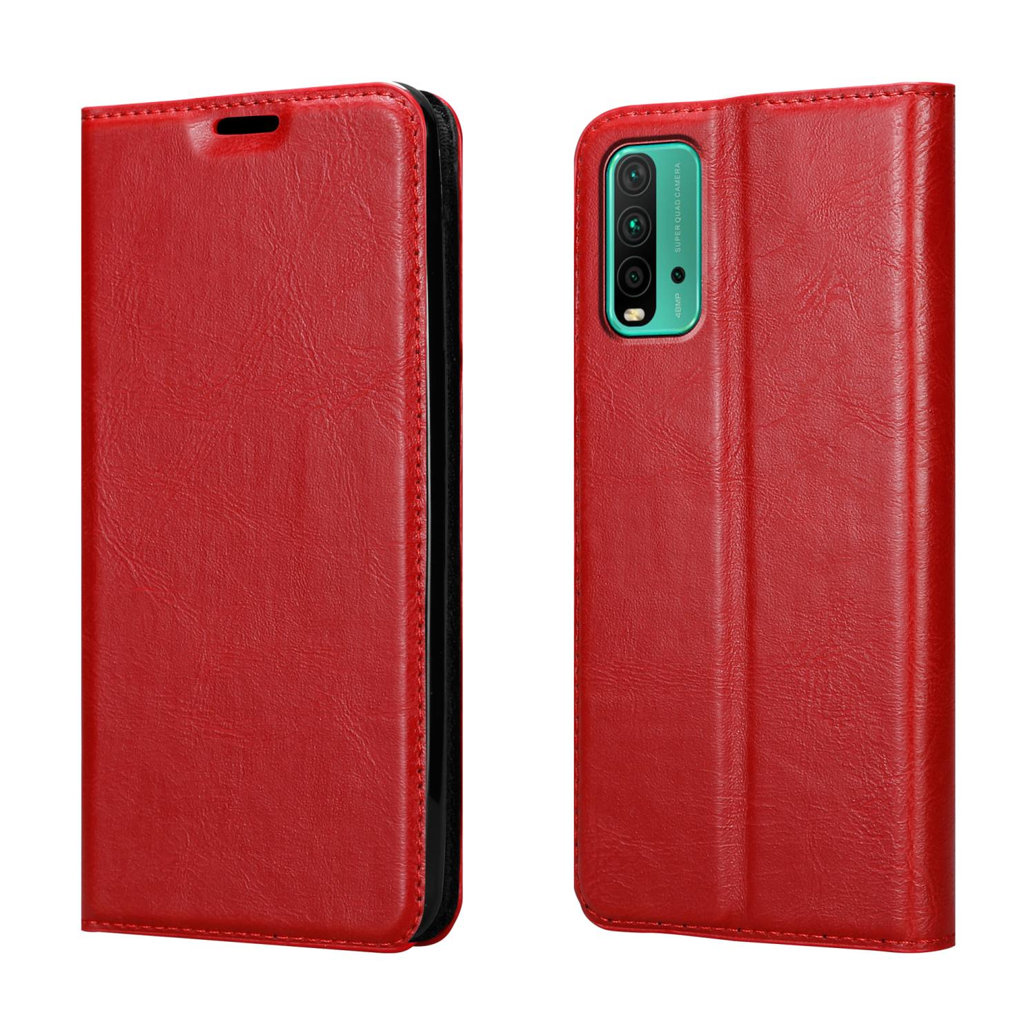 Custodia per telefono rossa aperta, con un telefono all'interno.