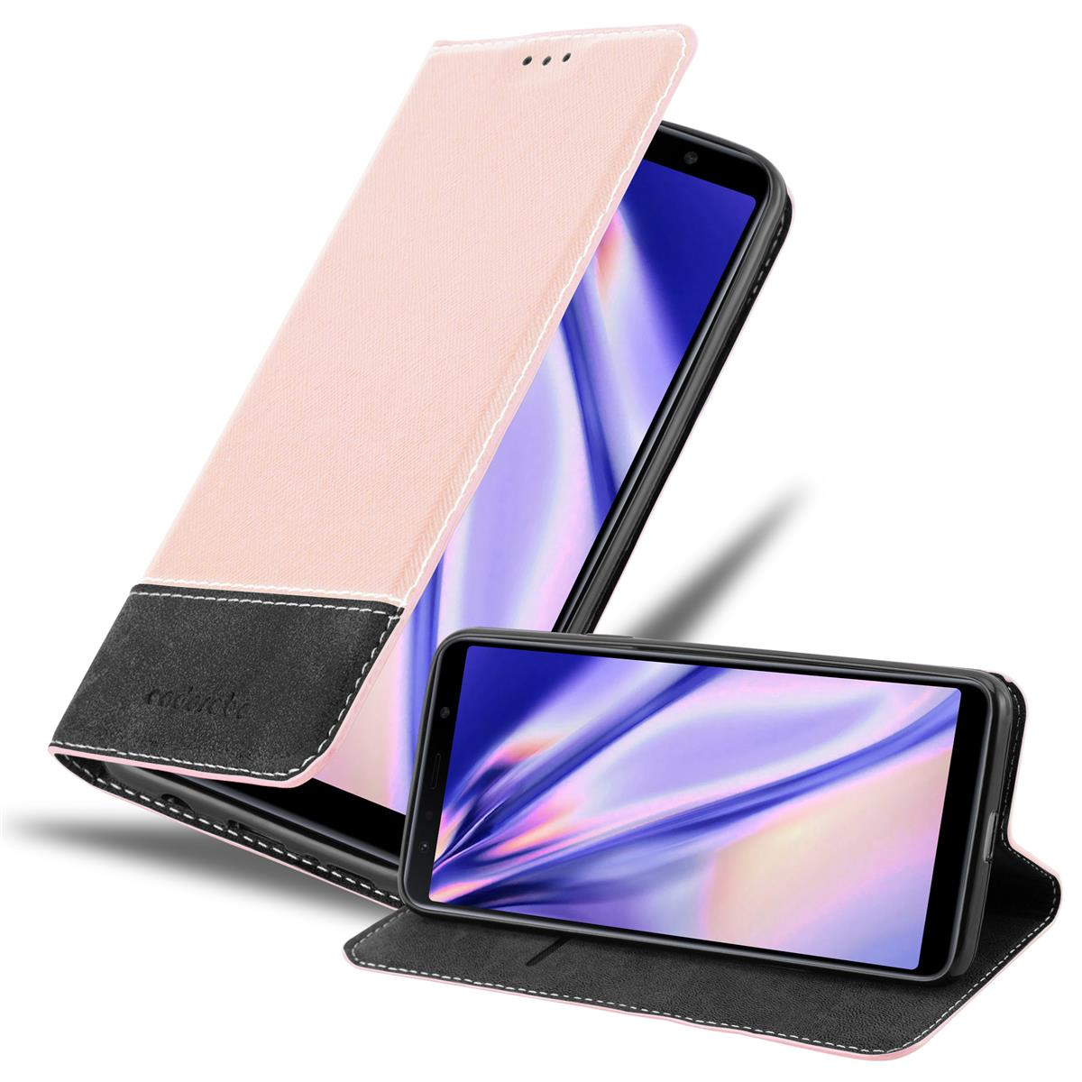 Custodia rosa e nera. Una aperta con il telefono dentro. Un'altra custodia con telefono aperto.