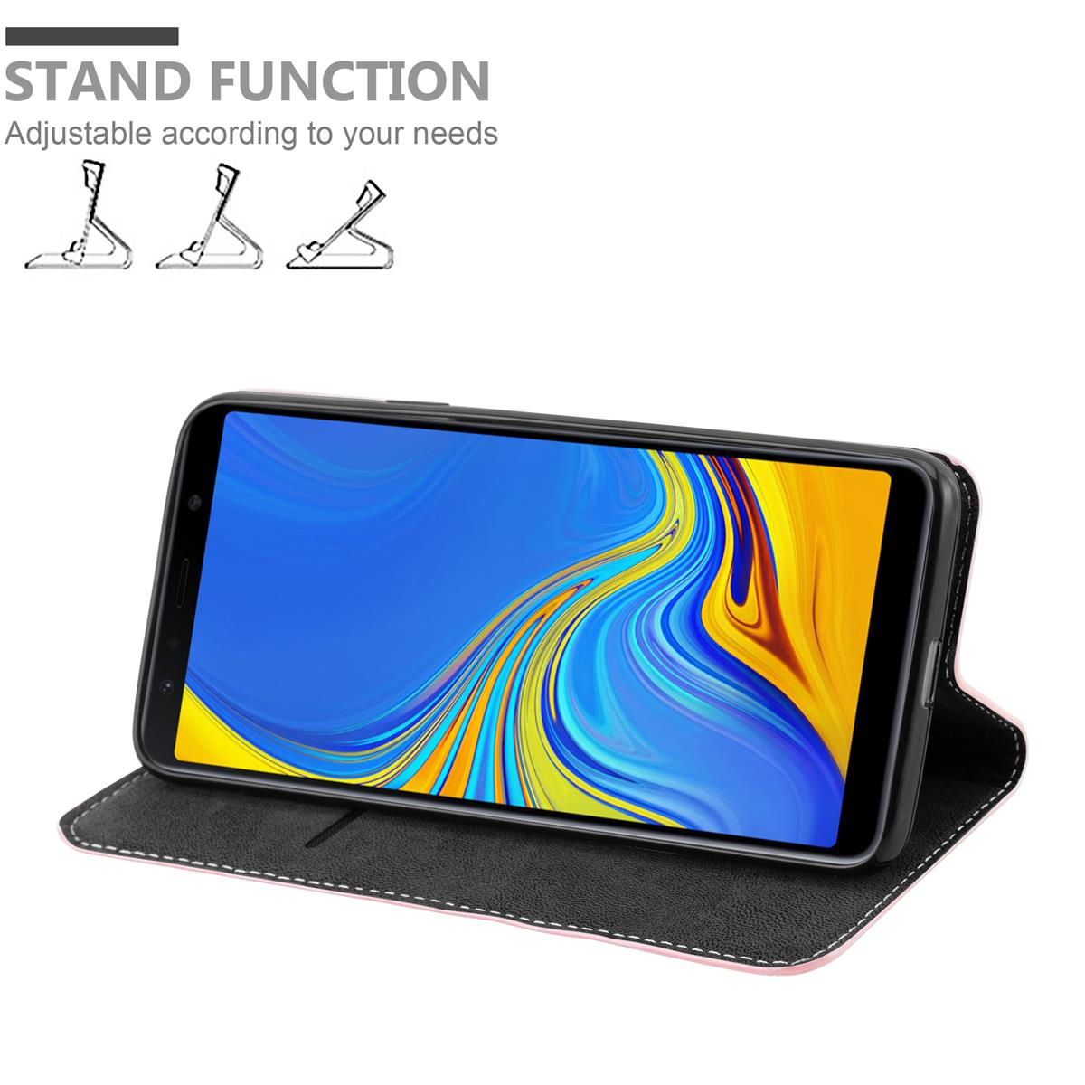 Custodia per telefono nera con telefono in modalità orizzontale. Il telefono ha uno schermo blu. Funzione stand mostrata.